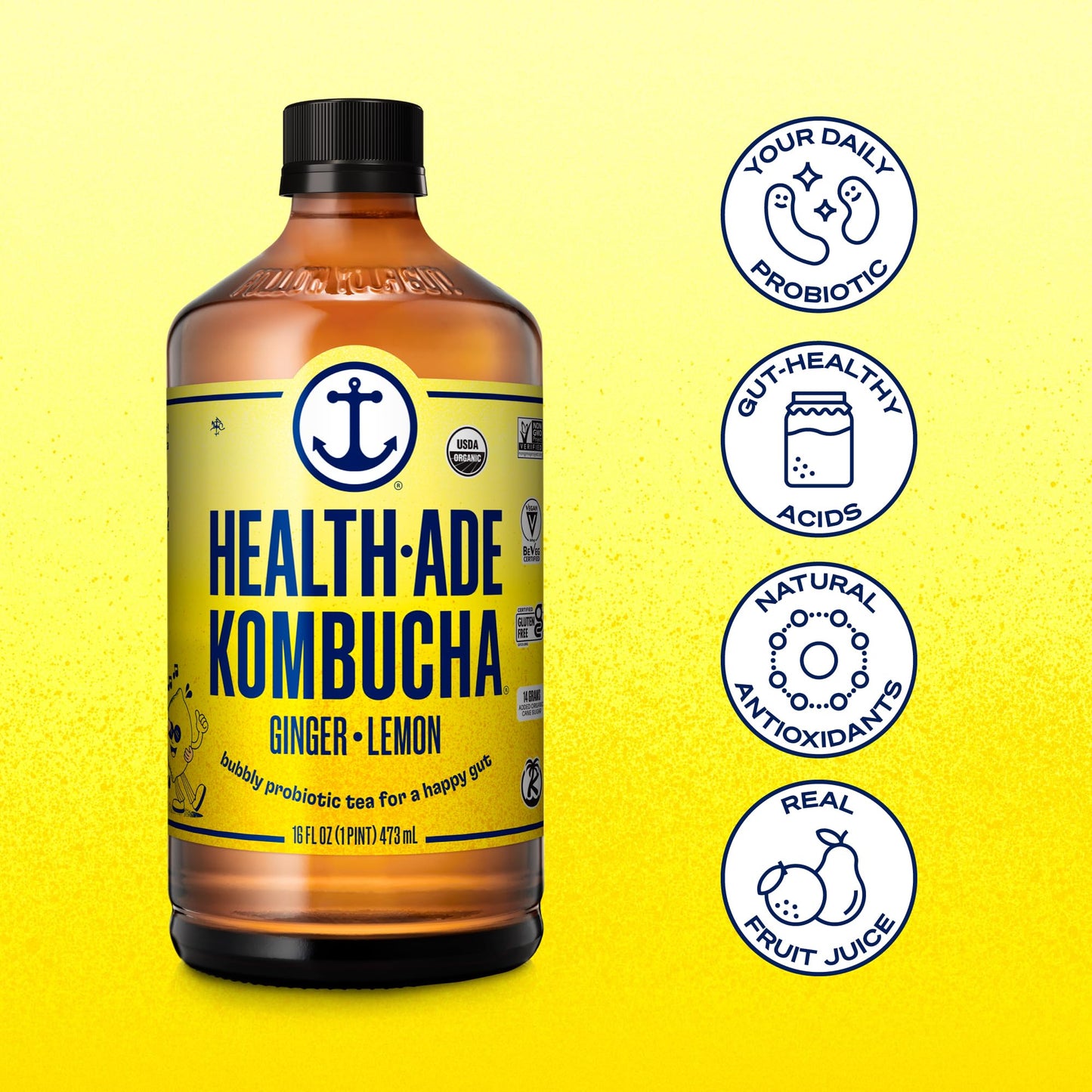 Health-Ade Kombucha Tea Organic Drink, Ginger-Lemon Flavor, 16 Fl Oz Bottles, Non-GMO, Vegan, Gluten Free, 12 Pack