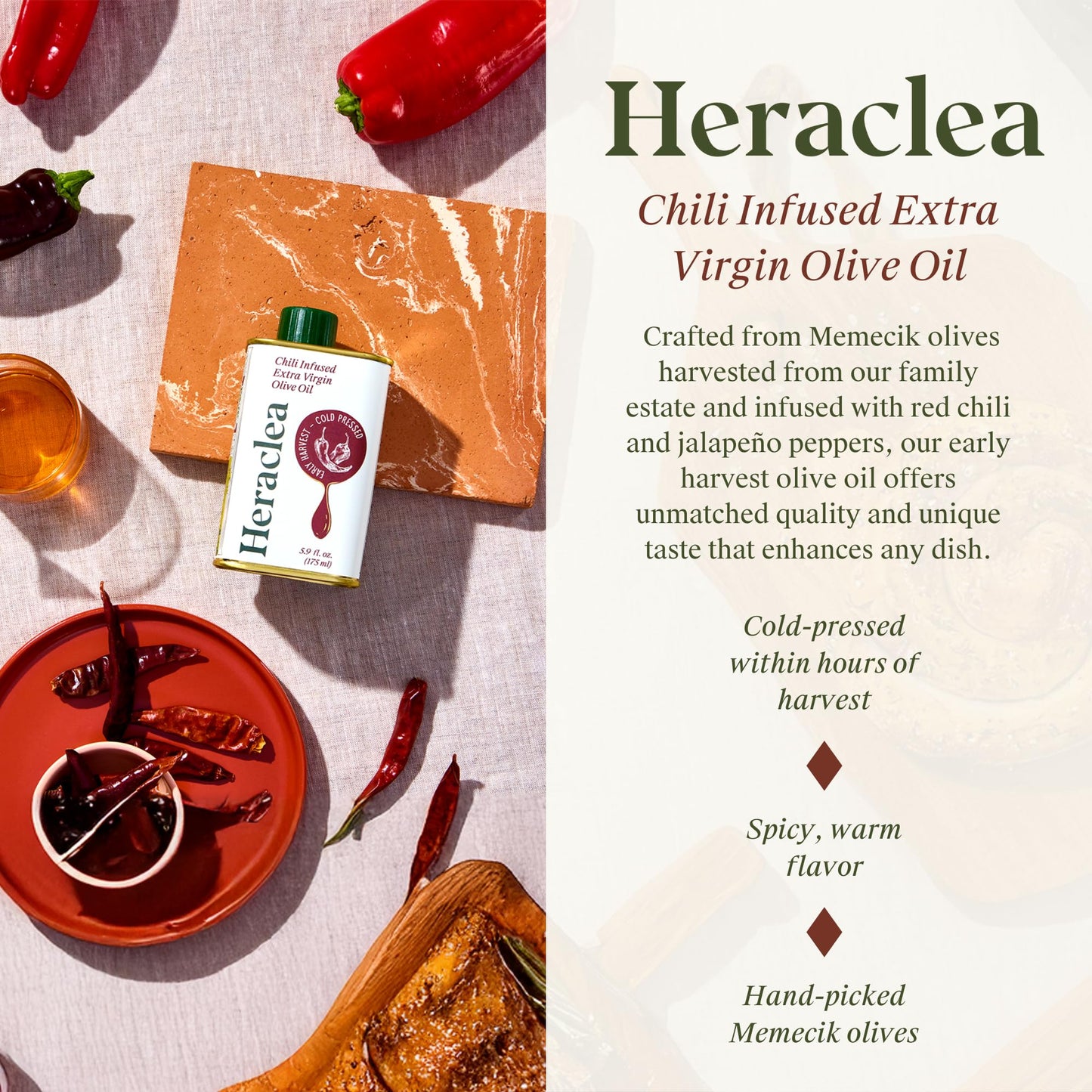 Heraclea Organic Chili Infused Extra Virgin Olive Oil - 5.9oz Bottle - Cold Pressed, Polyphenol Rich