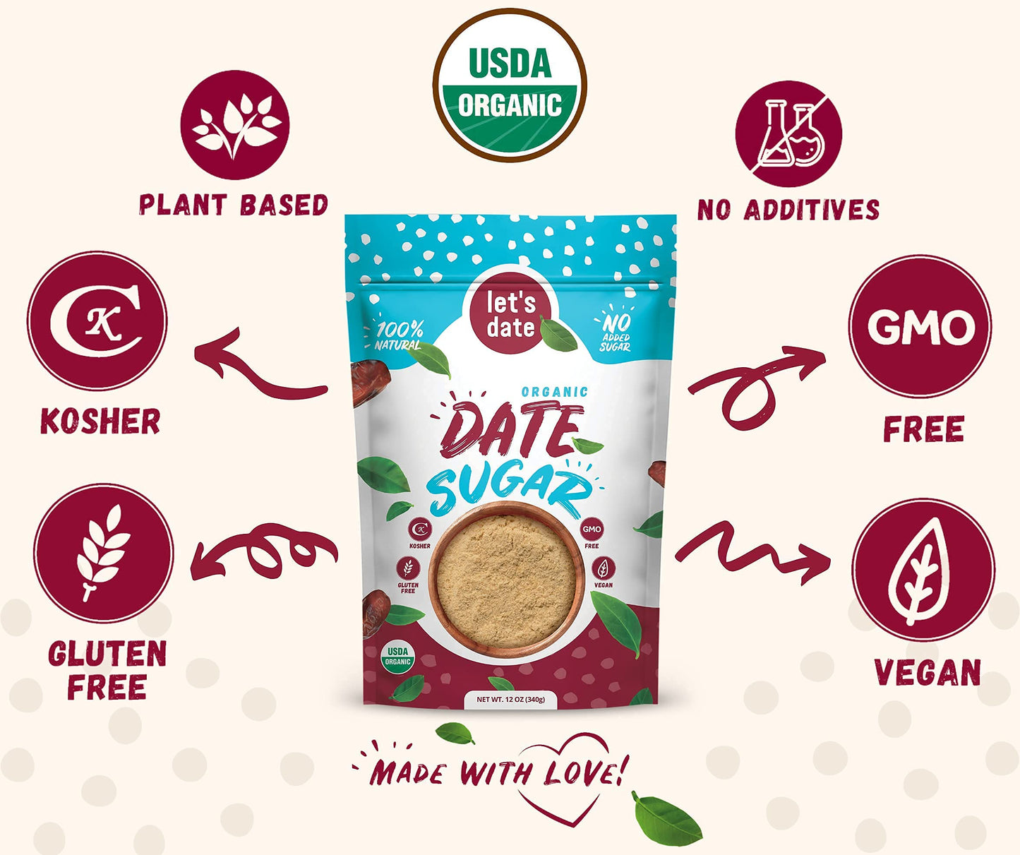 Lets Date Organic Date Sugar, 12oz, Brown, Vegan, Gluten Free, Non-GMO, Natural Sweetener, Baking Sugar Alternative