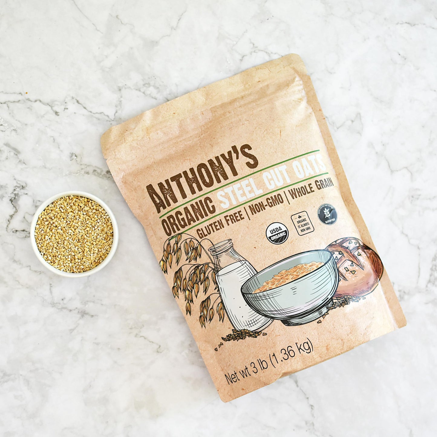 Anthony's Organic Steel Cut Oats, 3 lb Gluten Free Irish Oatmeal, Non-GMO Whole Grain Breakfast Cereal