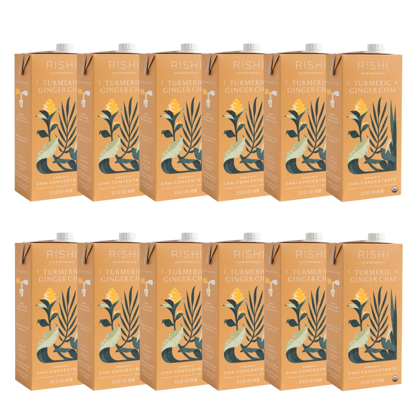 Rishi Tea Turmeric Ginger Chai Latte - Organic Herbal Tea Concentrate With Ginger - Easy-To-Serve Hot Or Iced, Caffeine Free - 32 Fl Oz (Pack Of 12)