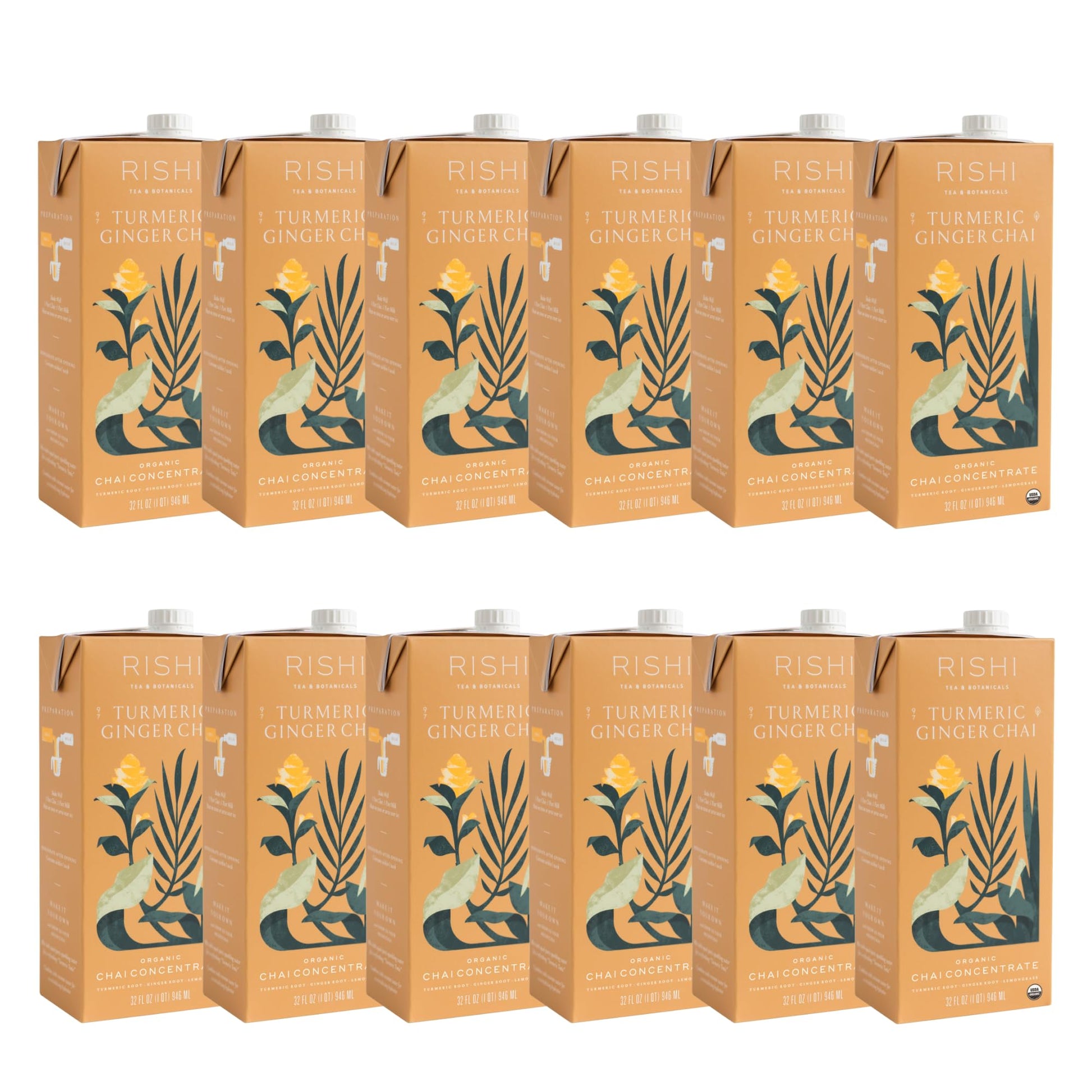 Rishi Tea Turmeric Ginger Chai Latte - Organic Herbal Tea Concentrate With Ginger - Easy-To-Serve Hot Or Iced, Caffeine Free - 32 Fl Oz (Pack Of 12)