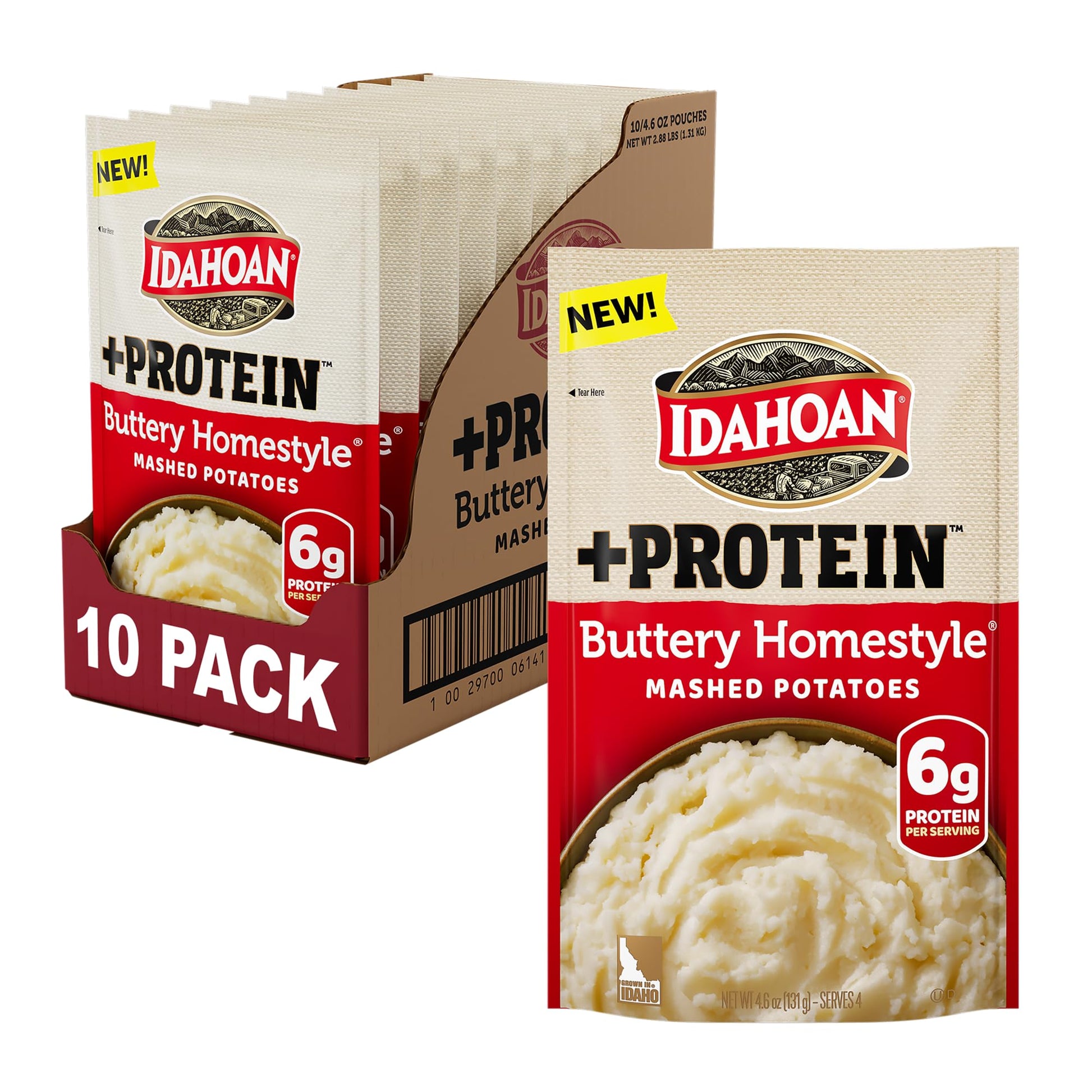 Idahoan Buttery Homestyle +Protein Mashed Potatoes, Naturally Gluten-Free, 100% Real Idaho Potatoes, 4 servings per bag, 4.6 oun