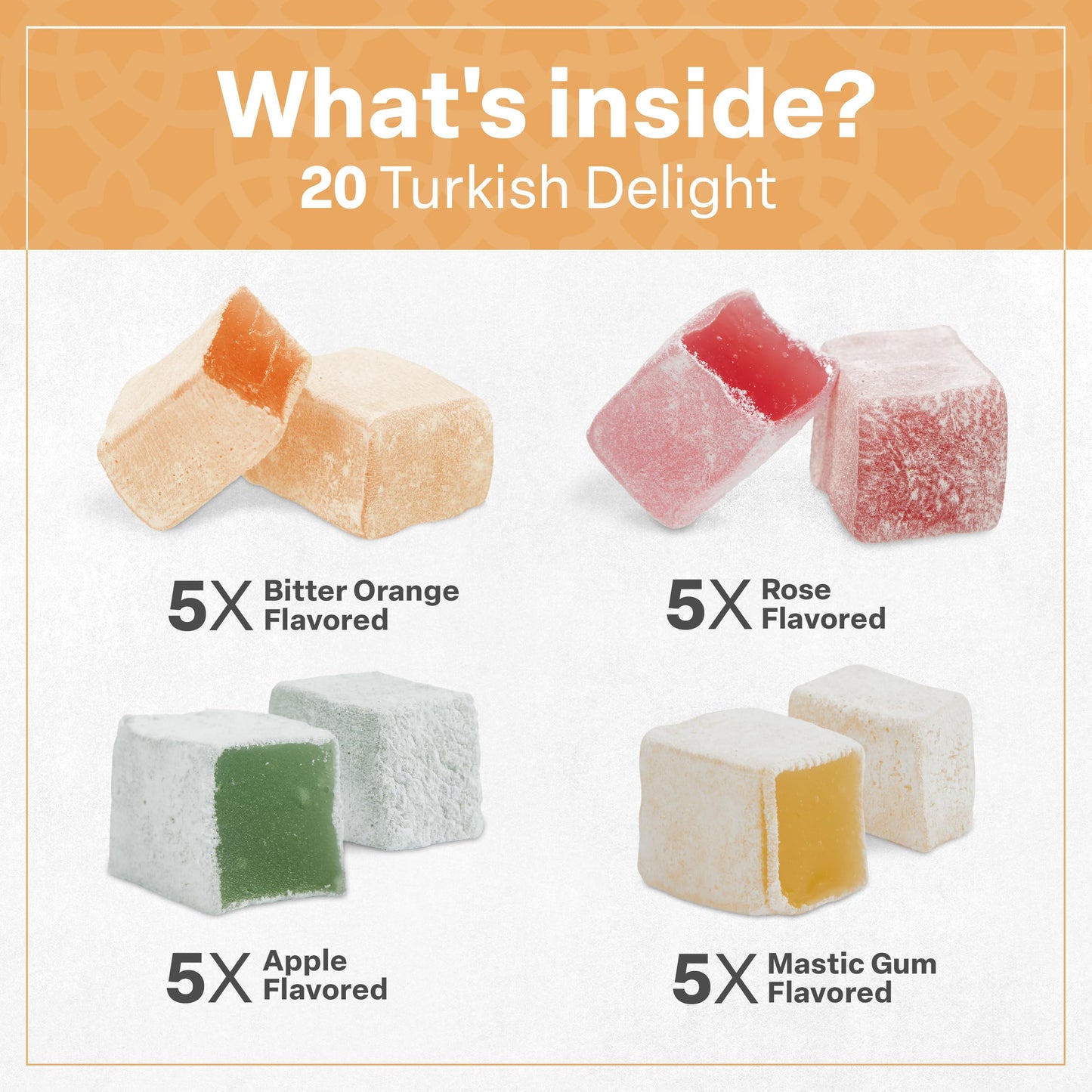 Eastanbul Turkish Delight Candy 10.5Oz, 4 Mediterranean Flavors, Turkish Delights Assorted, Lokum Turkish Delight Rose, Bitter O