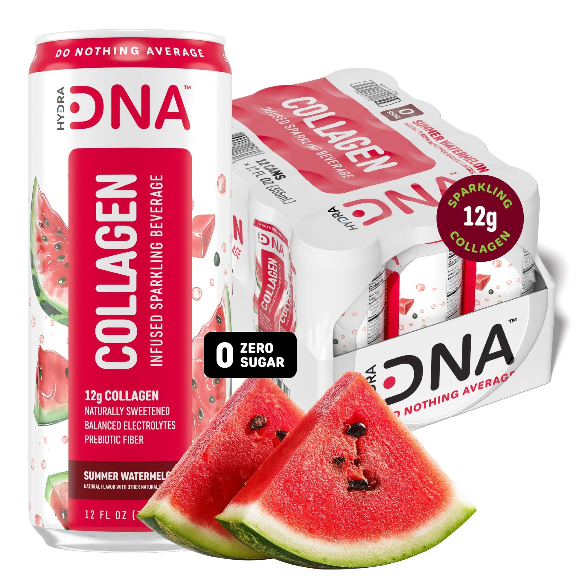 HYDRADNA Sparkling Liquid Collagen Protein Water - Sugar-Free, Keto-Friendly, 12 Fl Oz (Pack of 12), Watermelon Flavor