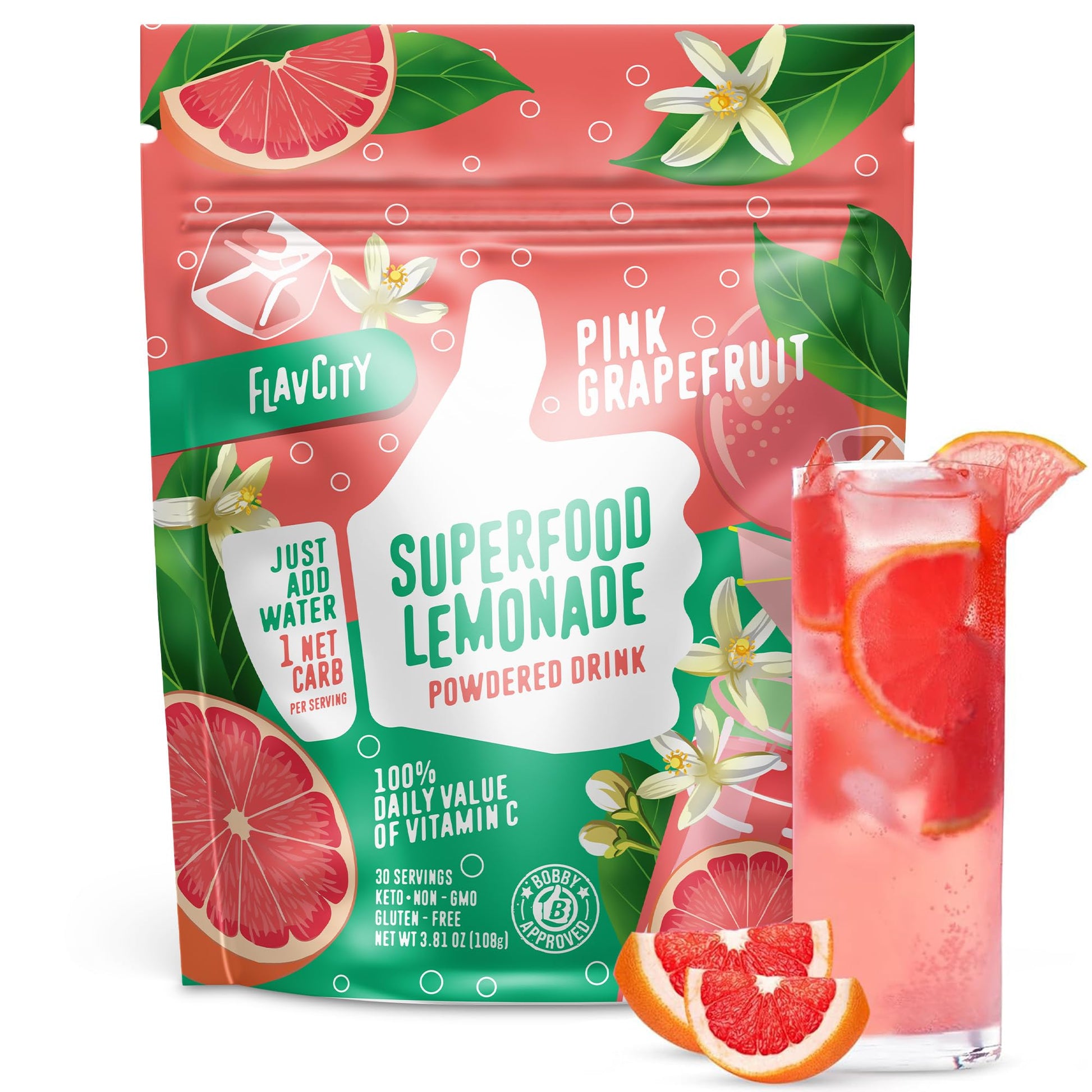FlavCity Pink Grapefruit Lemonade Drink Mix - Sugar-Free, Keto, Non-GMO - 3.8 Ounce Pack