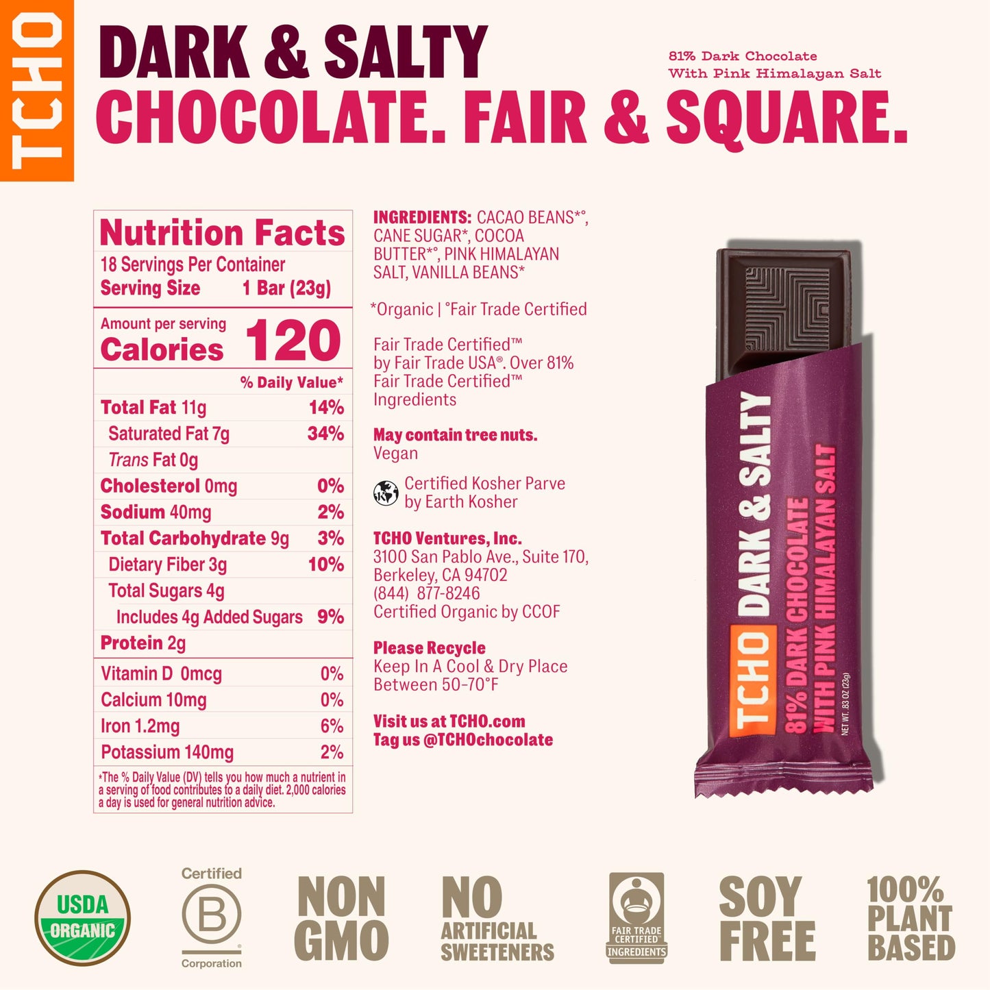 Tcho Dark & Salty Chocolate Bars - Organic 81% Dark Chocolate With Pink Himalayan Salt - Individually Wrapped 100% Plant-Based P