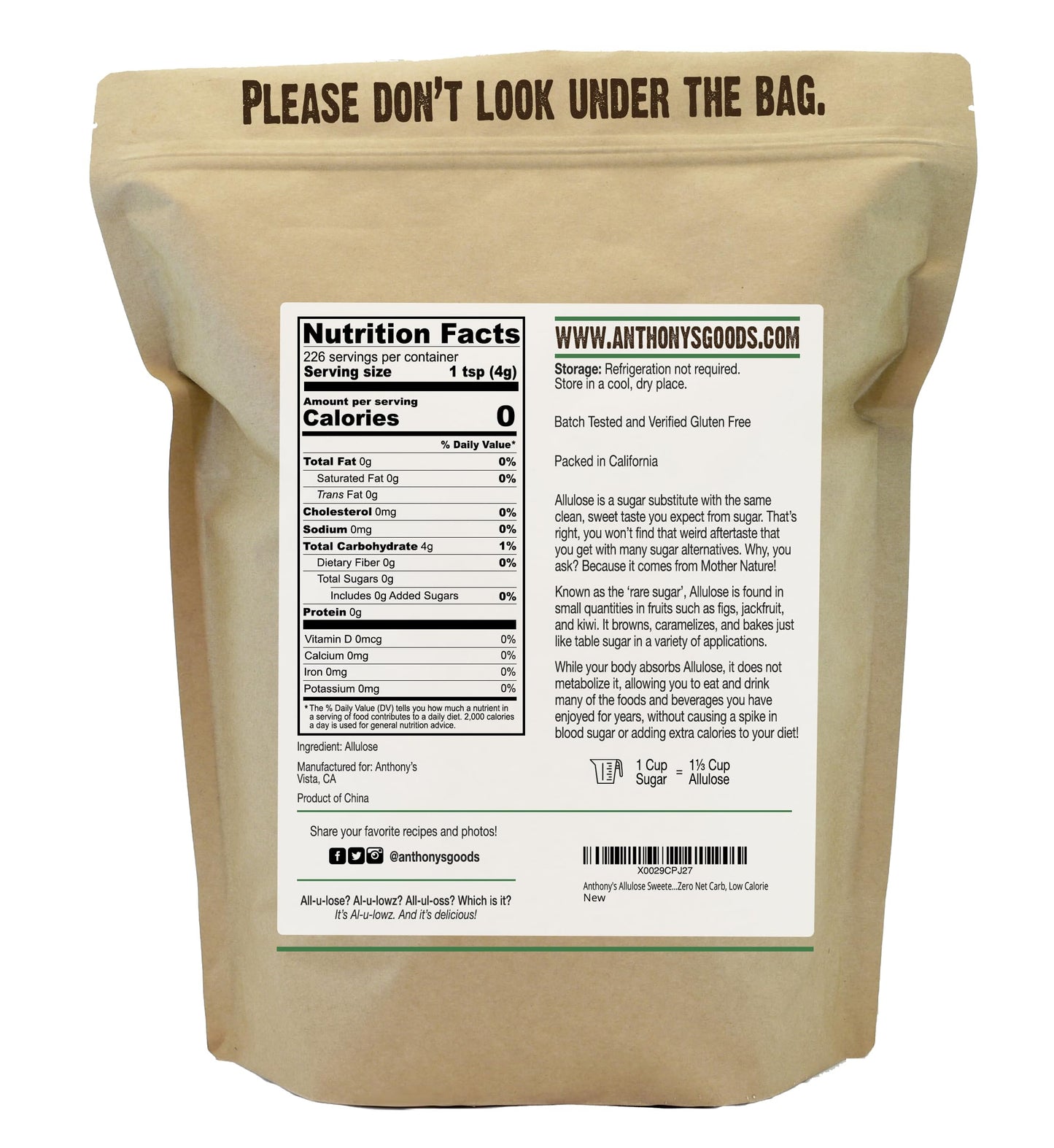 Anthonys Allulose Sweetener  2 lb  Batch Tested Gluten Free  Keto Friendly Sugar Alternative  Zero Net Carb  Low Calorie