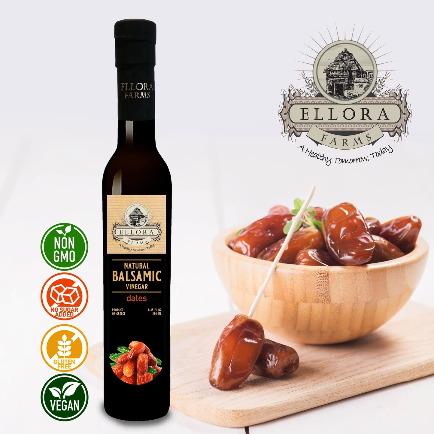 Ellora Farms, Dates Infused Thick Balsamic Vinegar, Barrel Aged, No-Additives, No-Added Sugar, No-Preservatives, Dark Glass Bott