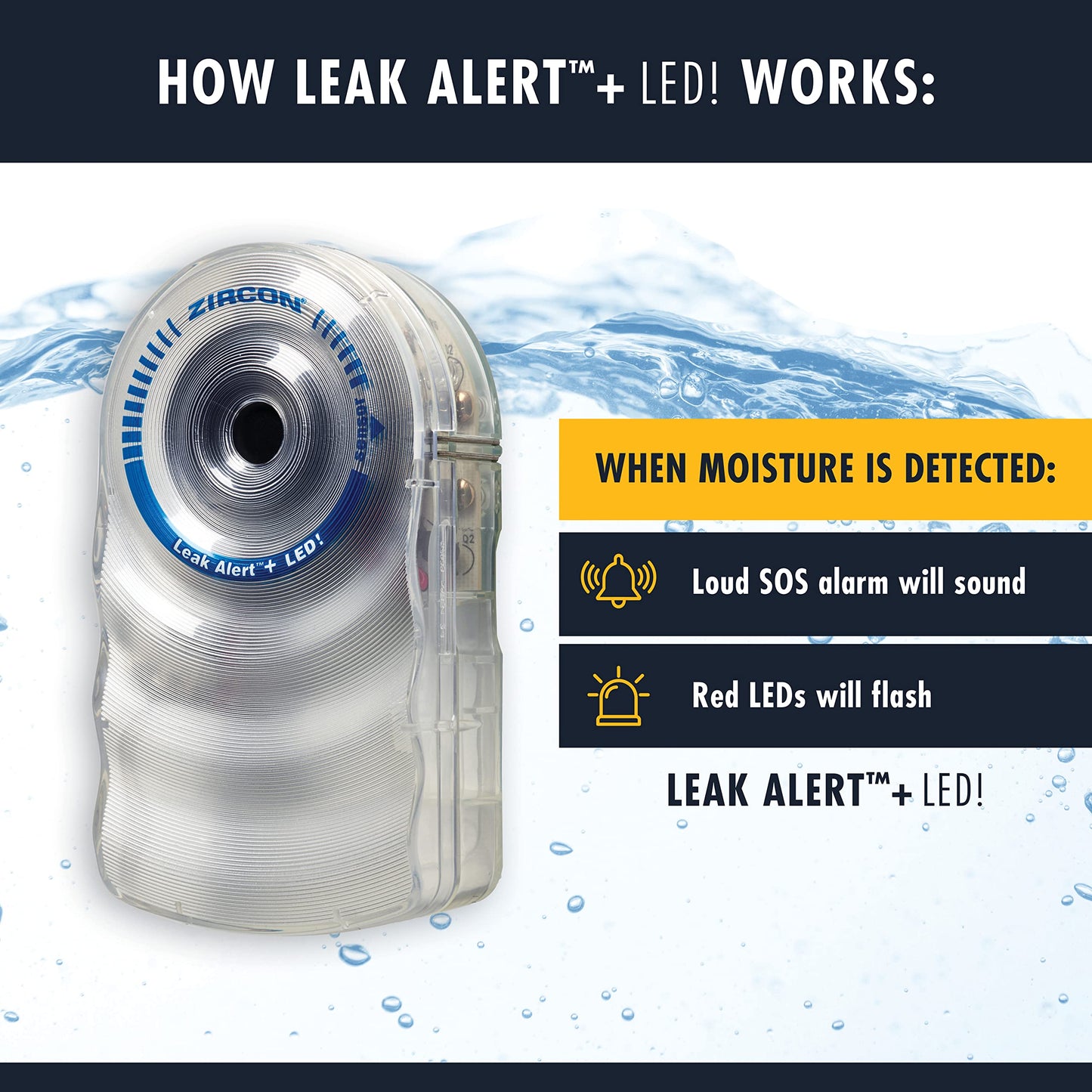Zircon Leak Alert + Led! Water Leak Detector & Flood Sensor Alarm/Water Leak Sensor With Dual Leak Alarms 90Db Audio + Flashing