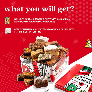 Davids Cookies Assorted Brownies & Cspirit-inspired flavorb Cake Gift Basket Tin - 16pcs, Fresh Baked Gourmet Snacks for Christmas Holidays