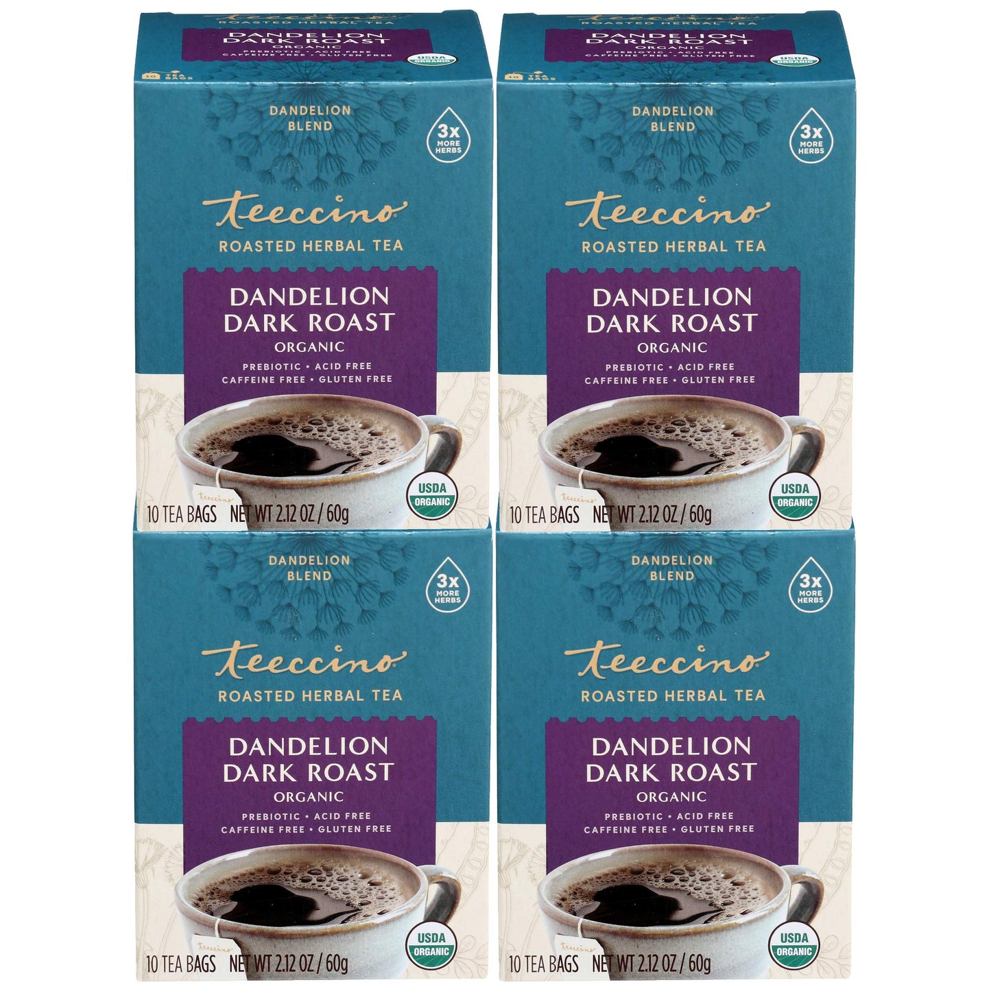 Teeccino Dandelion Tea – Dark Roast Herbal Tea, Caffeine-Free, 10 Count (Pack of 4)