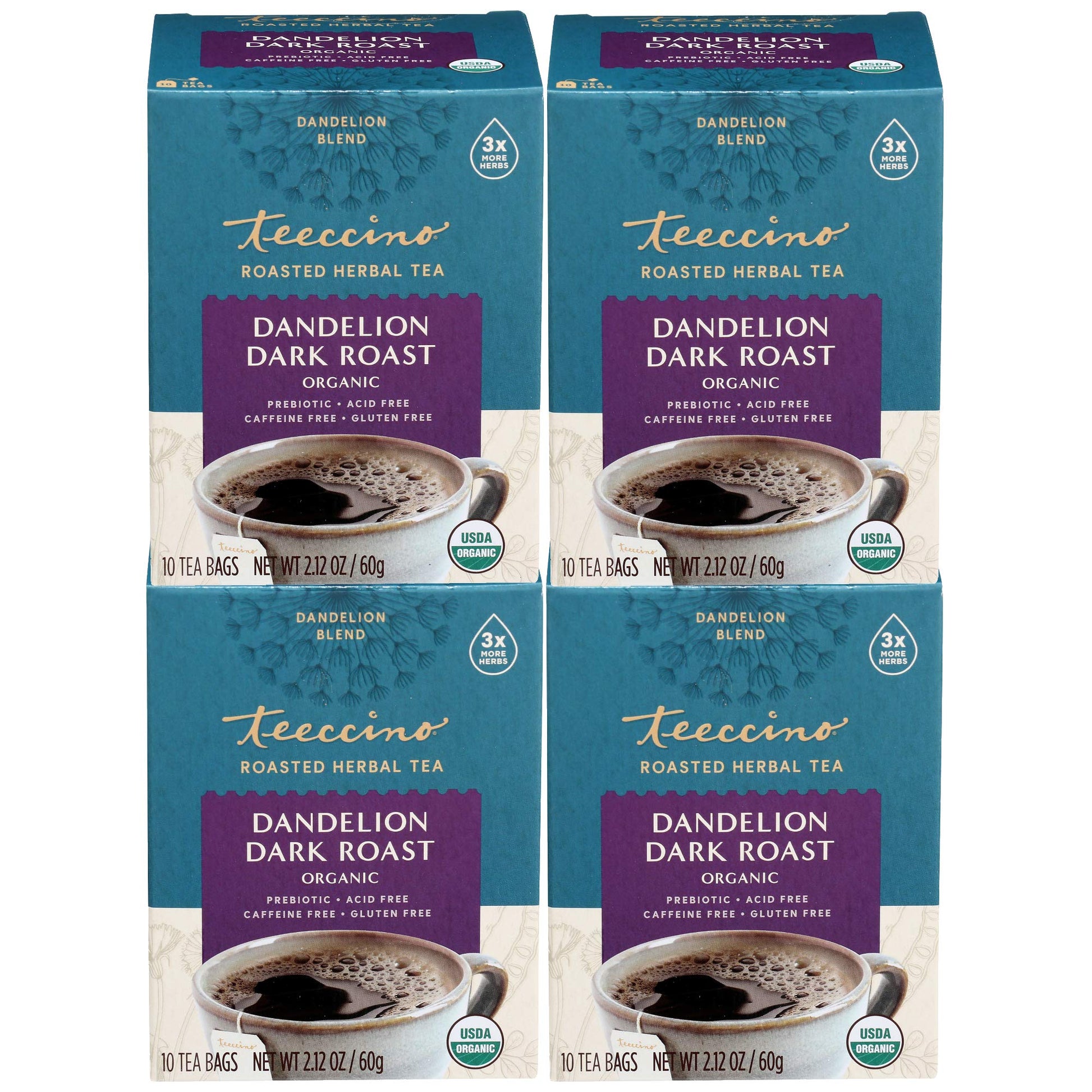 Teeccino Dandelion Tea – Dark Roast Herbal Tea, Caffeine-Free, 10 Count (Pack of 4)