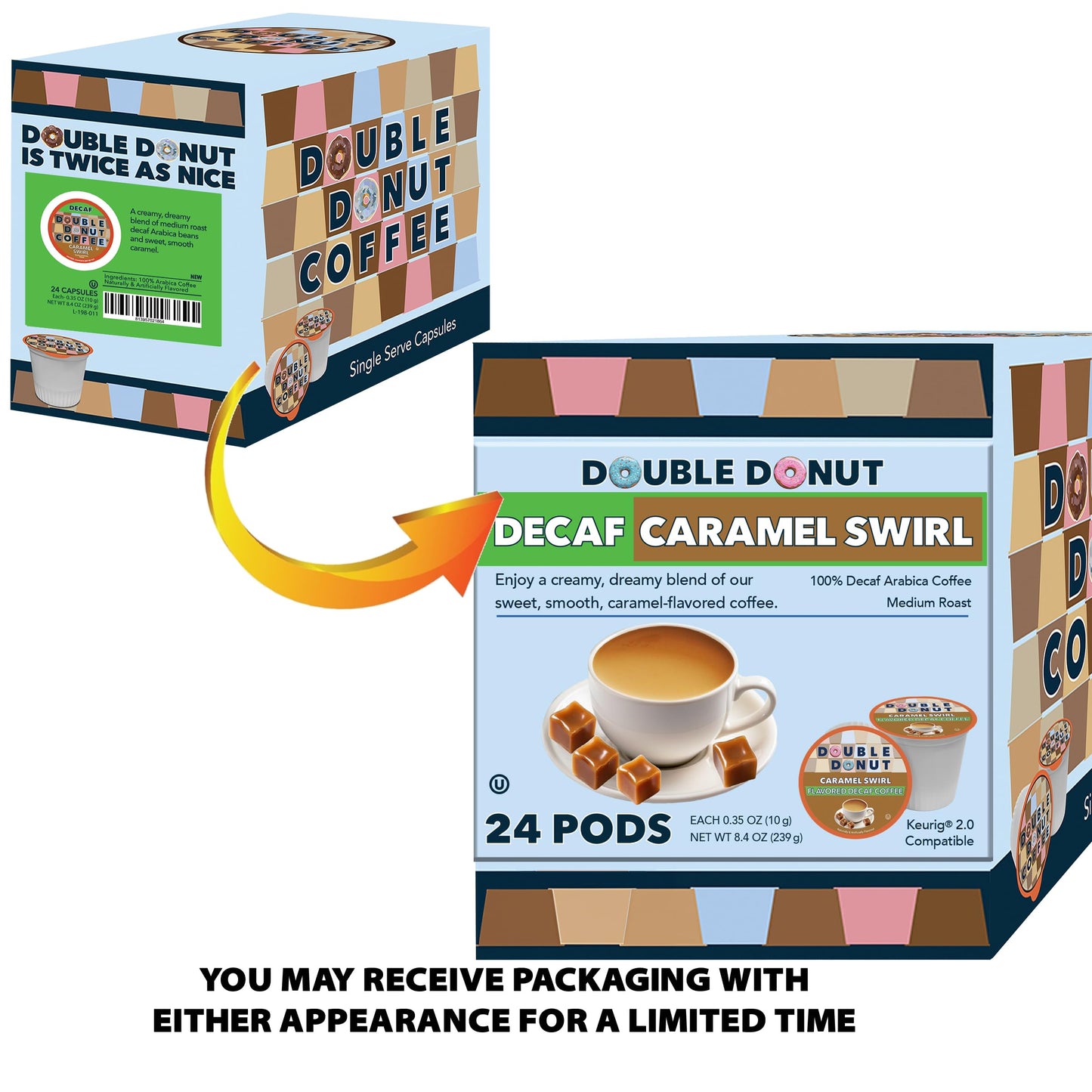 Double Donut Coffee Caramel Swirl Medium Roast Decaf Coffee Pods for Keurig - 24 Count