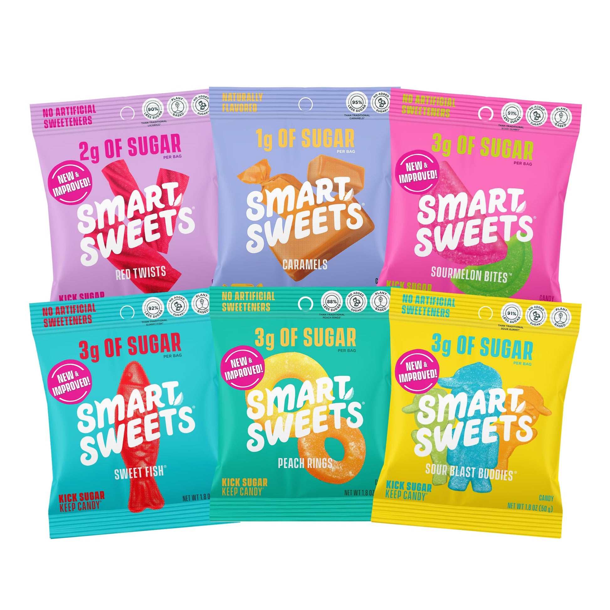 Smartsweets Variety Pack Sampler, Pack Of 6 Individual Flavors, Low Sugar & Calorie Candy - Sweet Fish, Sourmelon Bites, Peach Rings, Sour Blast Buddies, Red Twists, & New Soft Caramels