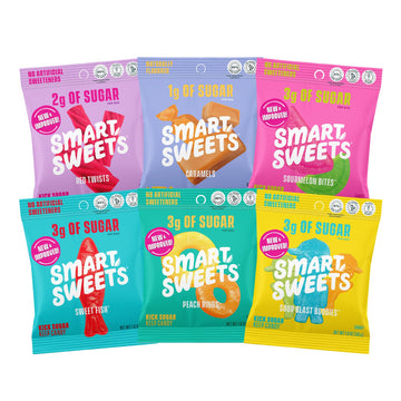 Smartsweets Variety Pack Sampler, Pack Of 6 Individual Flavors, Low Sugar & Calorie Candy - Sweet Fish, Sourmelon Bites, Peach Rings, Sour Blast Buddies, Red Twists, & New Soft Caramels