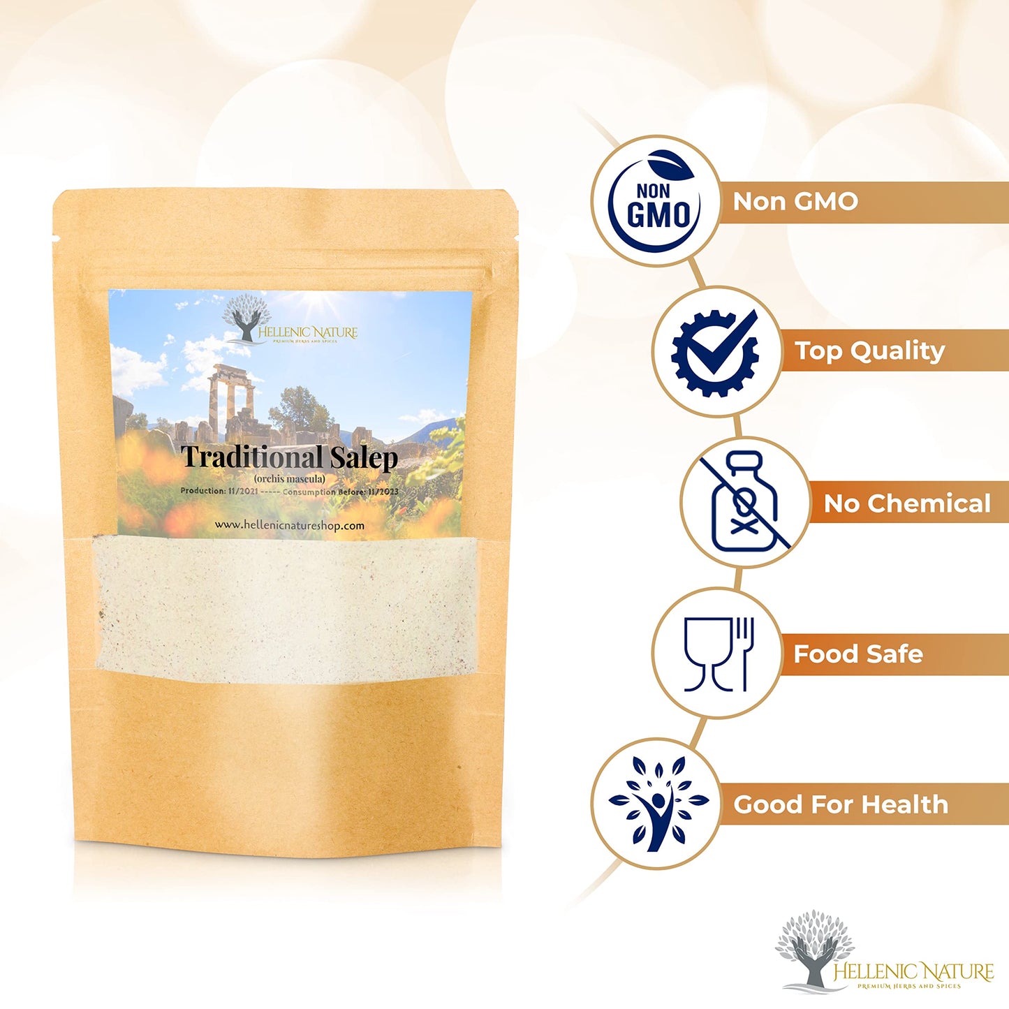 HELLENIC NATURE Traditional Salep Sahlep - Hot Drink in DoyPack with ZipLock, 2.82oz