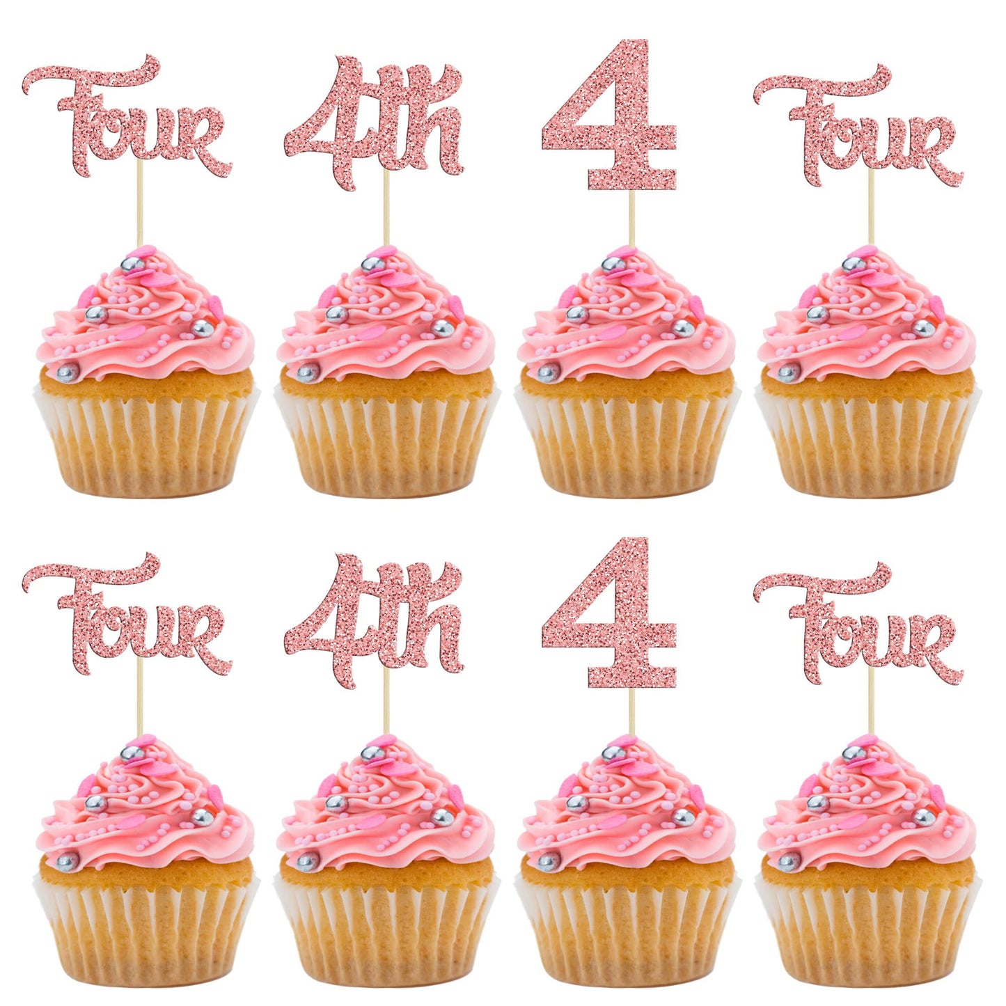 24Pcs Four Cupcake Toppers Glitter 4th Birthday Cupcake Picks for Baby Shower Fourth Birthday Party Cake Decorations Supplies Ro
