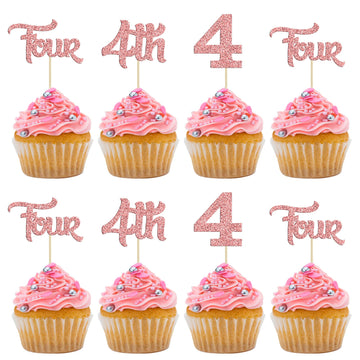 24Pcs Four Cupcake Toppers Glitter 4th Birthday Cupcake Picks for Baby Shower Fourth Birthday Party Cake Decorations Supplies Ro