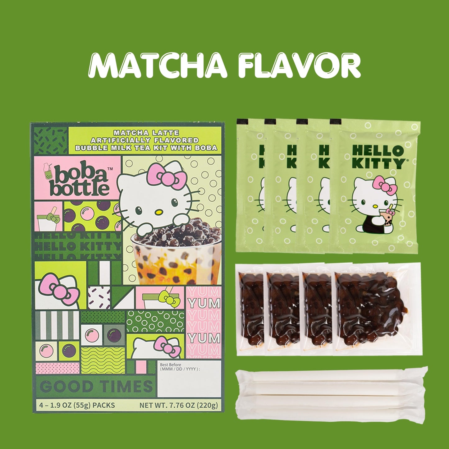 Hello Kitty Instant Boba Milk Tea Variety Kit, Brown Sugar, Taro, Match Flavor, With Taiwan Tapioca Pearls, Paper Straws Include