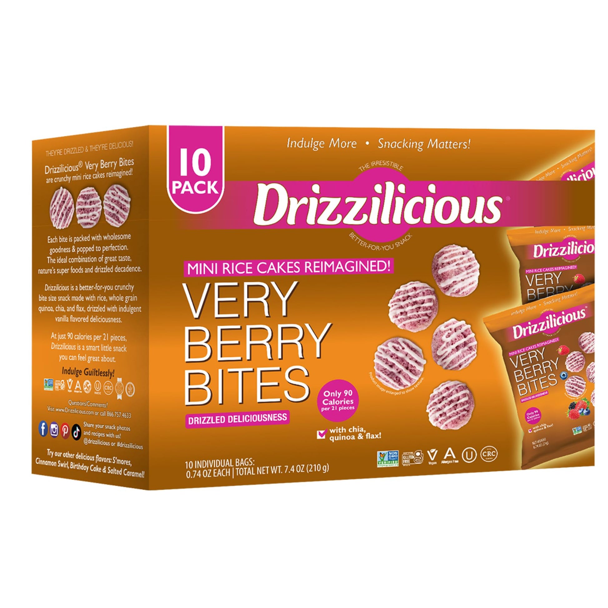 Drizzilicious Mini Rice Cakes Very Berry - Rice Crisps, Healthy Snack For Mature-Themeds And Kids, Flavored Rice Cakes, Vegan, Gluten Free, Allergen Free, Only 90 Calories Per Bag - .74 Oz (Pack Of 10)