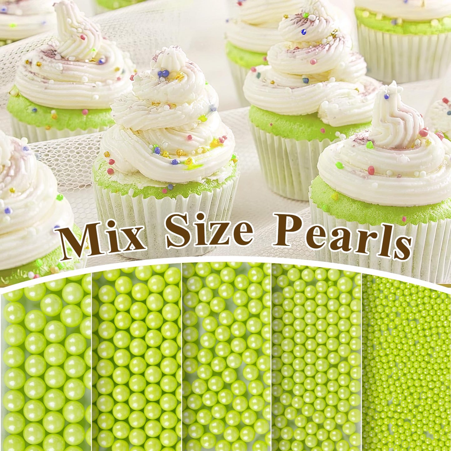 Twisweet Green Pearl Sprinkles for Cake Decorating, Edible Sugar Pearls for Baking, Mix Size, Cake Topper Cupcake Cookie Ice Cre