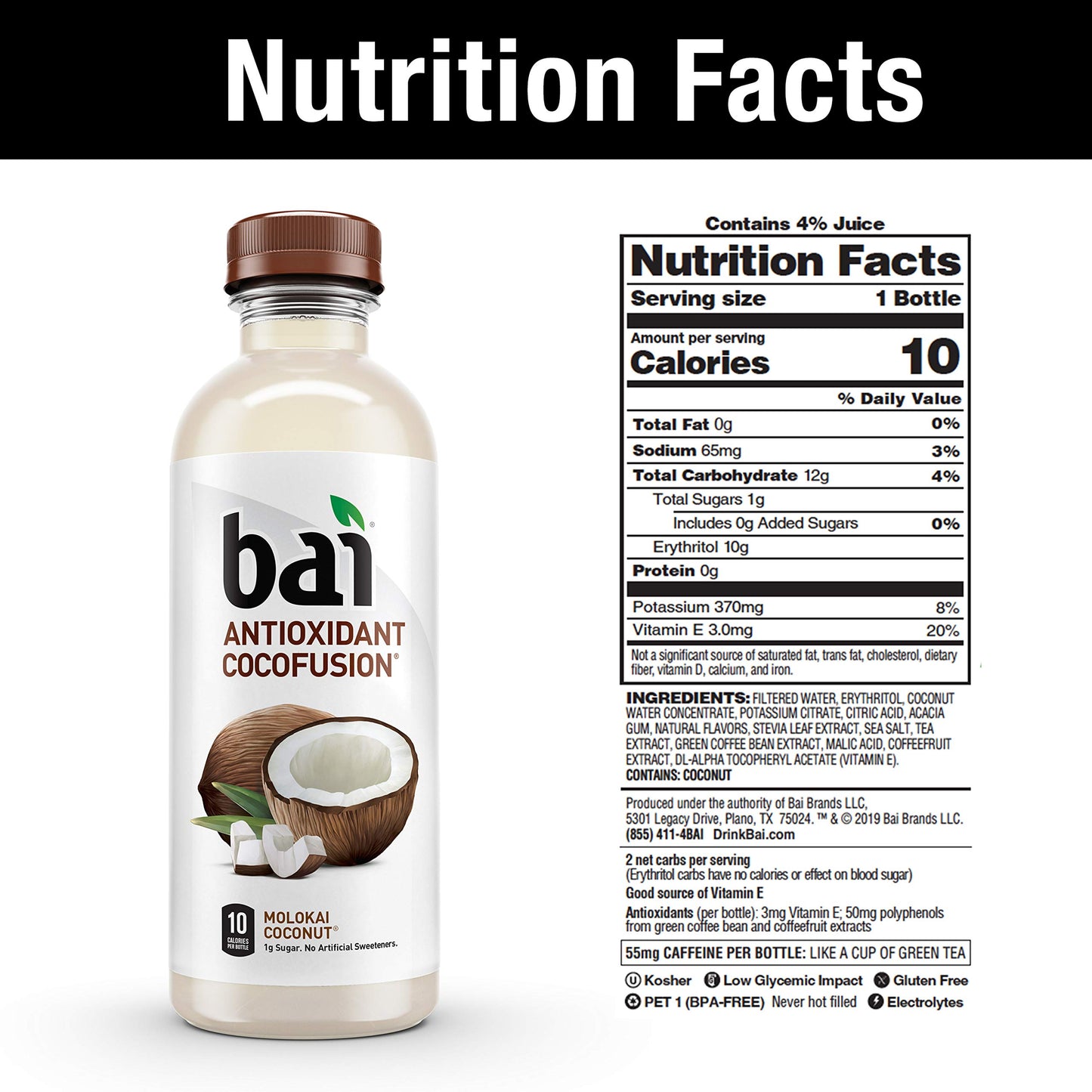 Bai Coconut Flavored Water, Antioxidant Infused, 18 Fl Oz Bottles, Molokai Coconut, 12 Count, Model 10137060