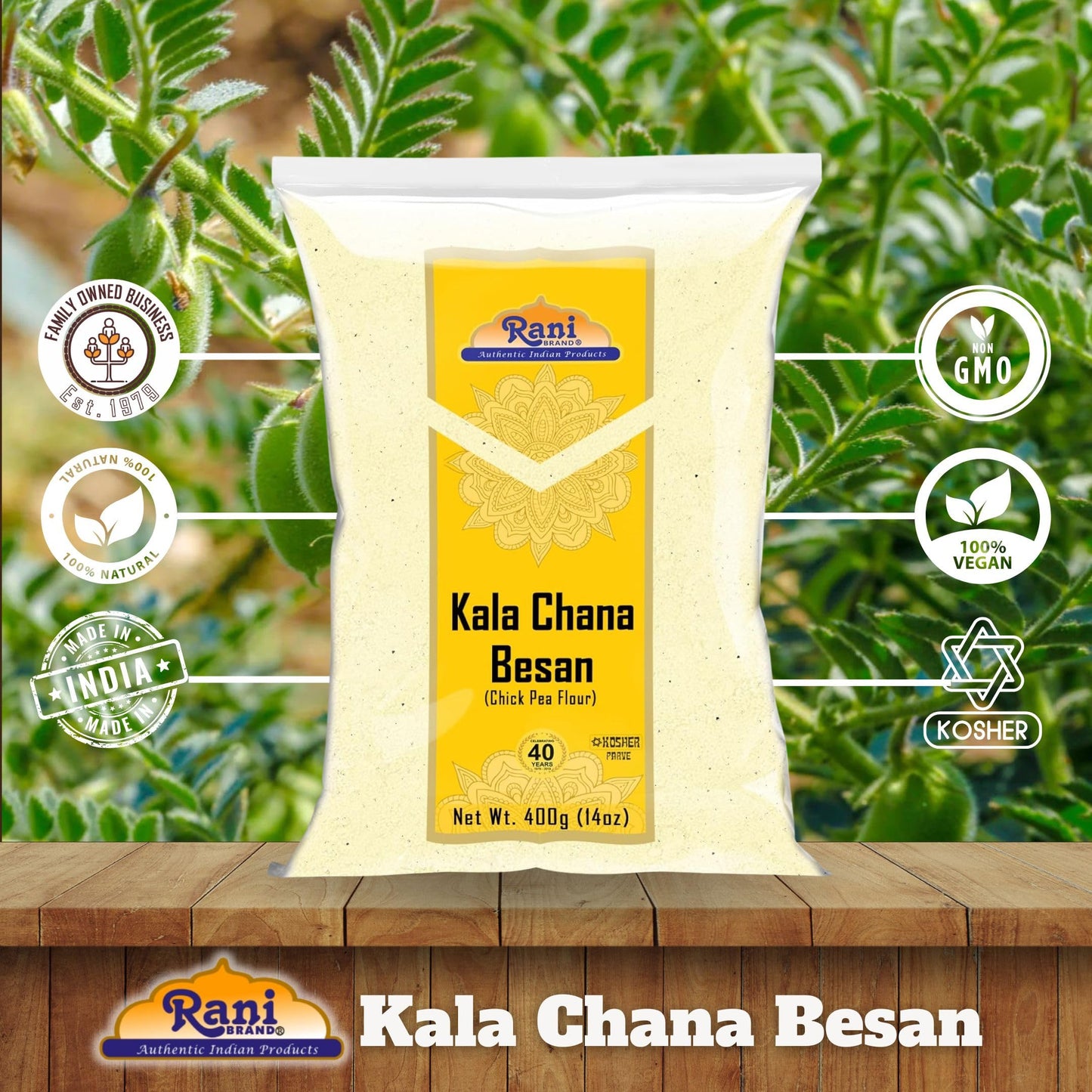 Rani Kala Chana Besan (Chick Peas Flour) 14Oz (400G) ~ All Natural | Vegan | Gluten Friendly | Non-Gmo | Kosher | Indian Origin