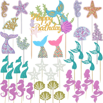 Wootkey Glitter Mermaid Theme Birthday Cake Topper Under The Sea Party Supplies Cake Decoration Cupcake Toppers 36 Pcs Mermaid T