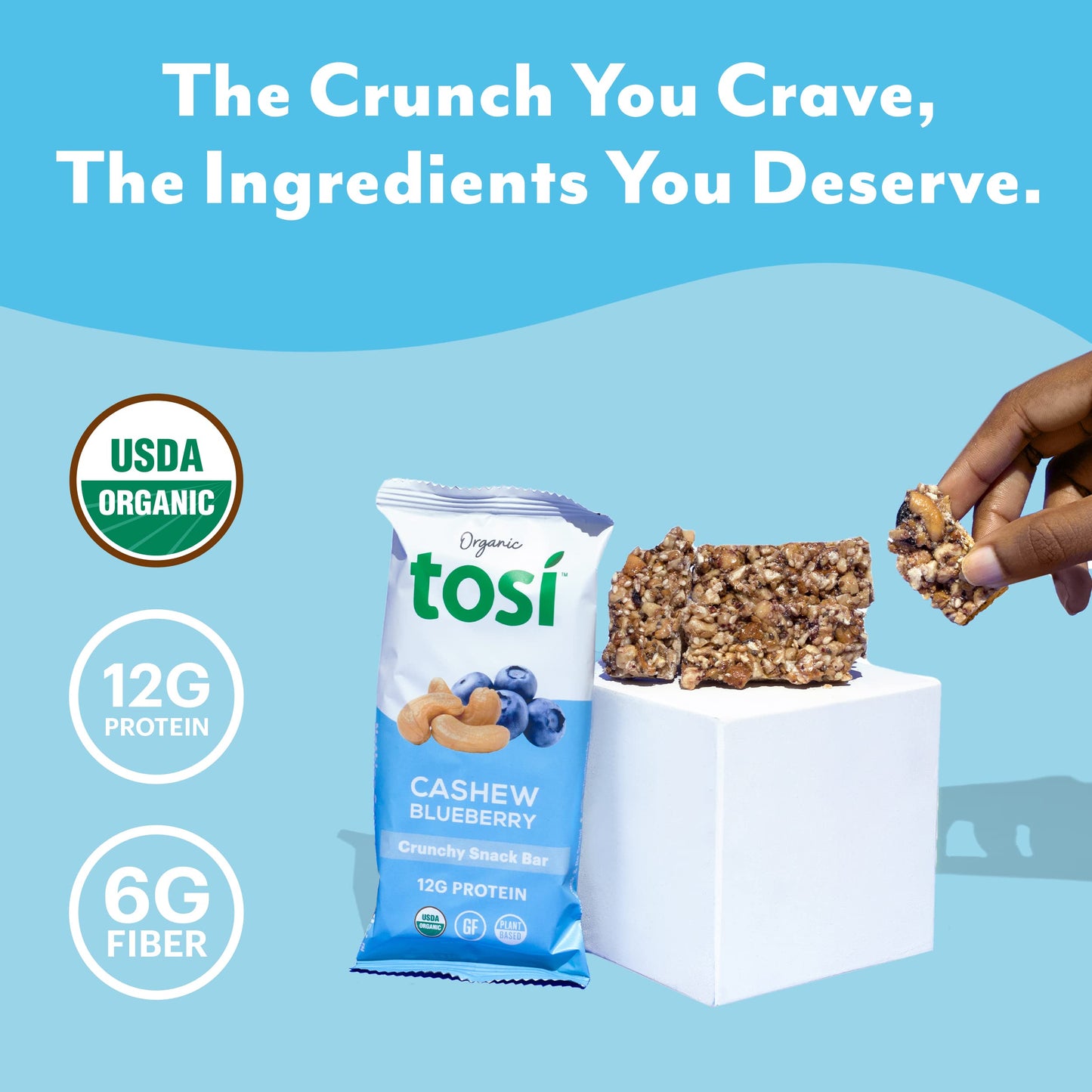 Tosi Cashew Blueberry Protein Bars, Plant Based with Nuts, Gluten-Free Crunchy Snacks, Vegan, Organic, Flax & Chia Seeds, Soy-Fr