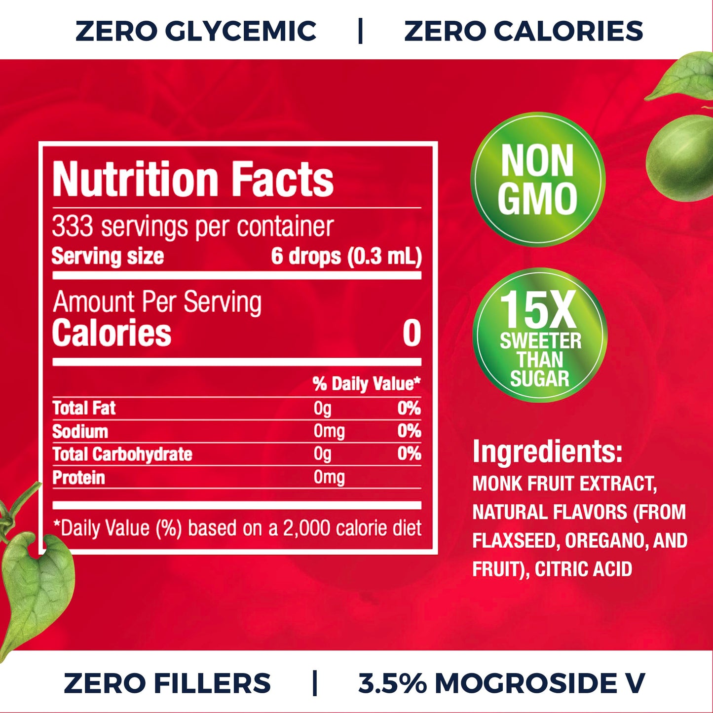 Monk Fruit Extract (6 Drops = 1 Tsp of Sugar) Zero Calories  Non-GMO  No Fillers - Liquid Monk Fruit Sweetener No Erythritol by Transparency Foods NEW FORMULA (10.2 oz  999 servings)