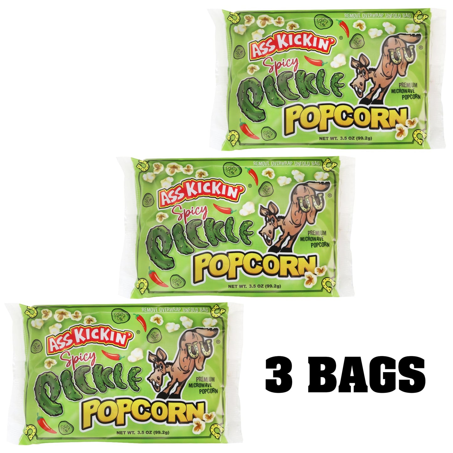 ASS KICKIN Spicy Pickle Microwave Popcorn Bags - 6 Pack - 0.58 Ounce Each - Gourmet Snack for Movie Night