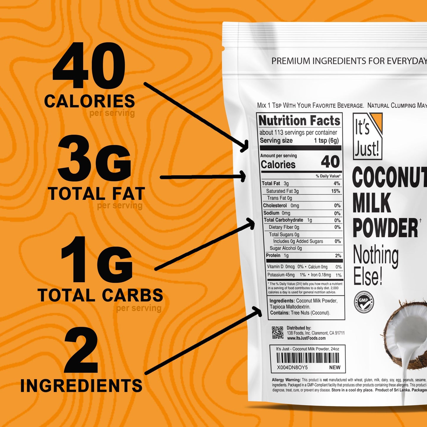 Its Just - Coconut Milk Powder, 24oz, Dairy-Free, Coconut Milk Beverage, Keto Friendly, MCTs, Two Ingredients, Non-GMO, Product