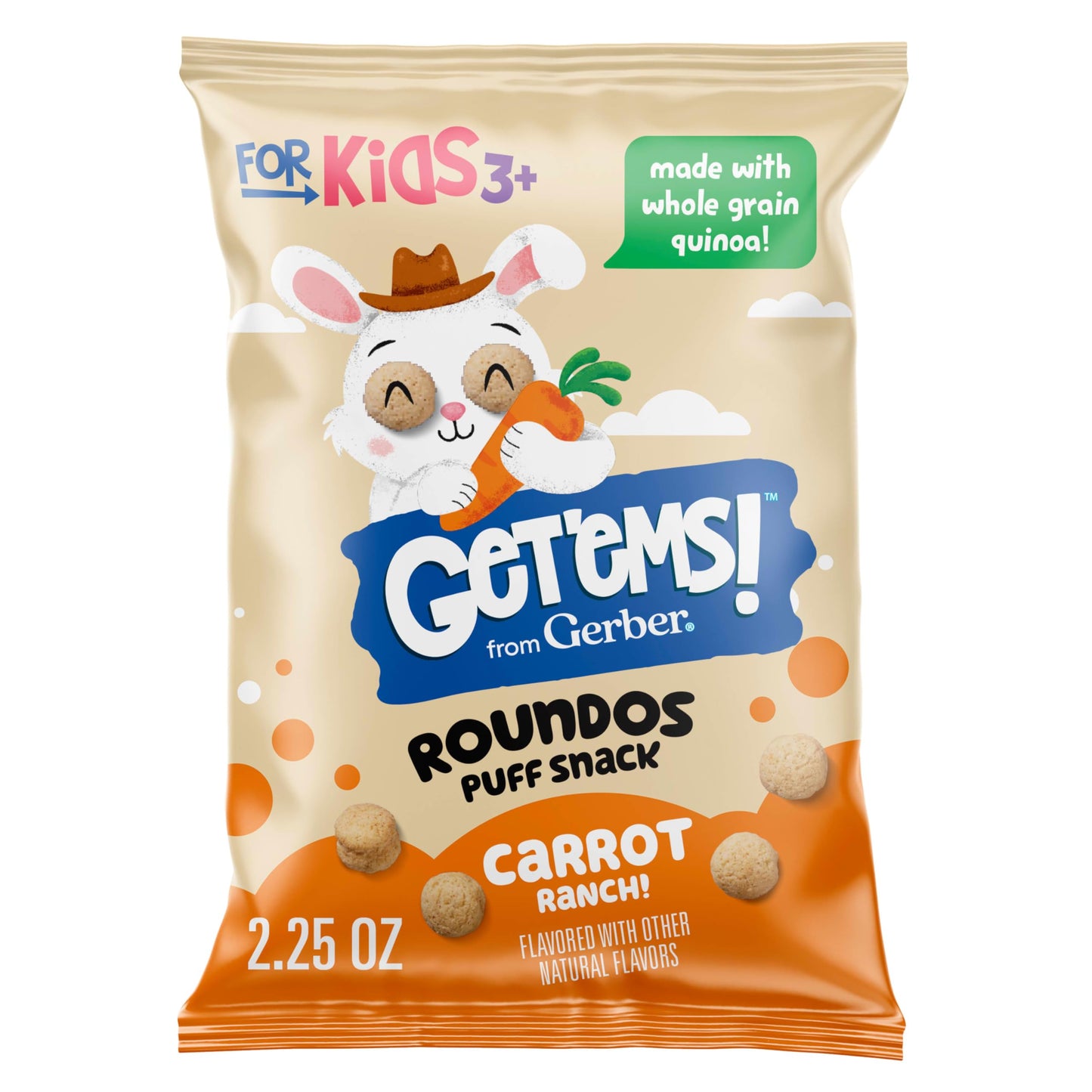Get'Ems! From Gerber Carrot Ranch Roundos Puffs Snacks, Kids Snack Made With Whole Grain Quinoa, Calcium To Support Strong Bones