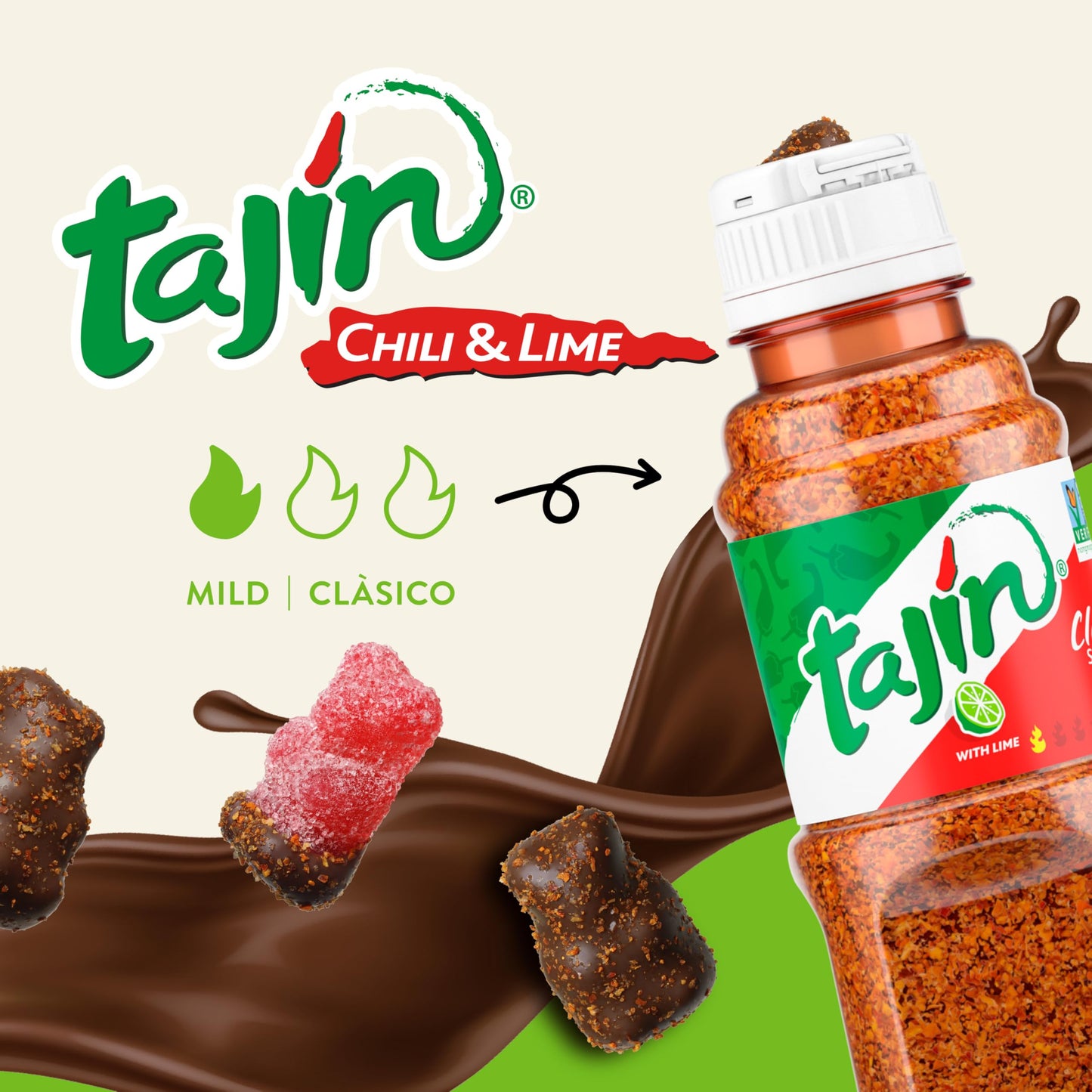 Snak Club Tajin Chocolatey Gummy Bears, Assorted Chocolate Covered Fruit Candy Gummies with Chili and Lime Seasoning, Mild, Glut