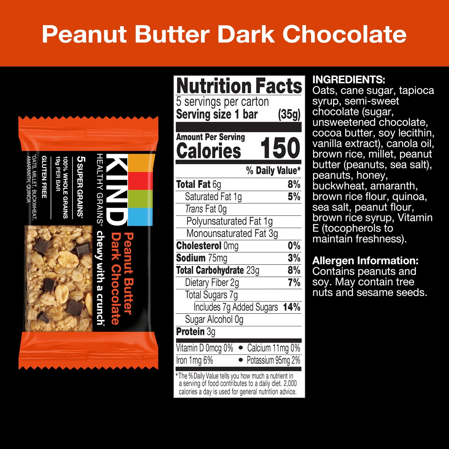 KIND Healthy Grains Bars, Peanut Butter Dark Chocolate, Non GMO, Gluten Free, 1.2 oz, 5 Count