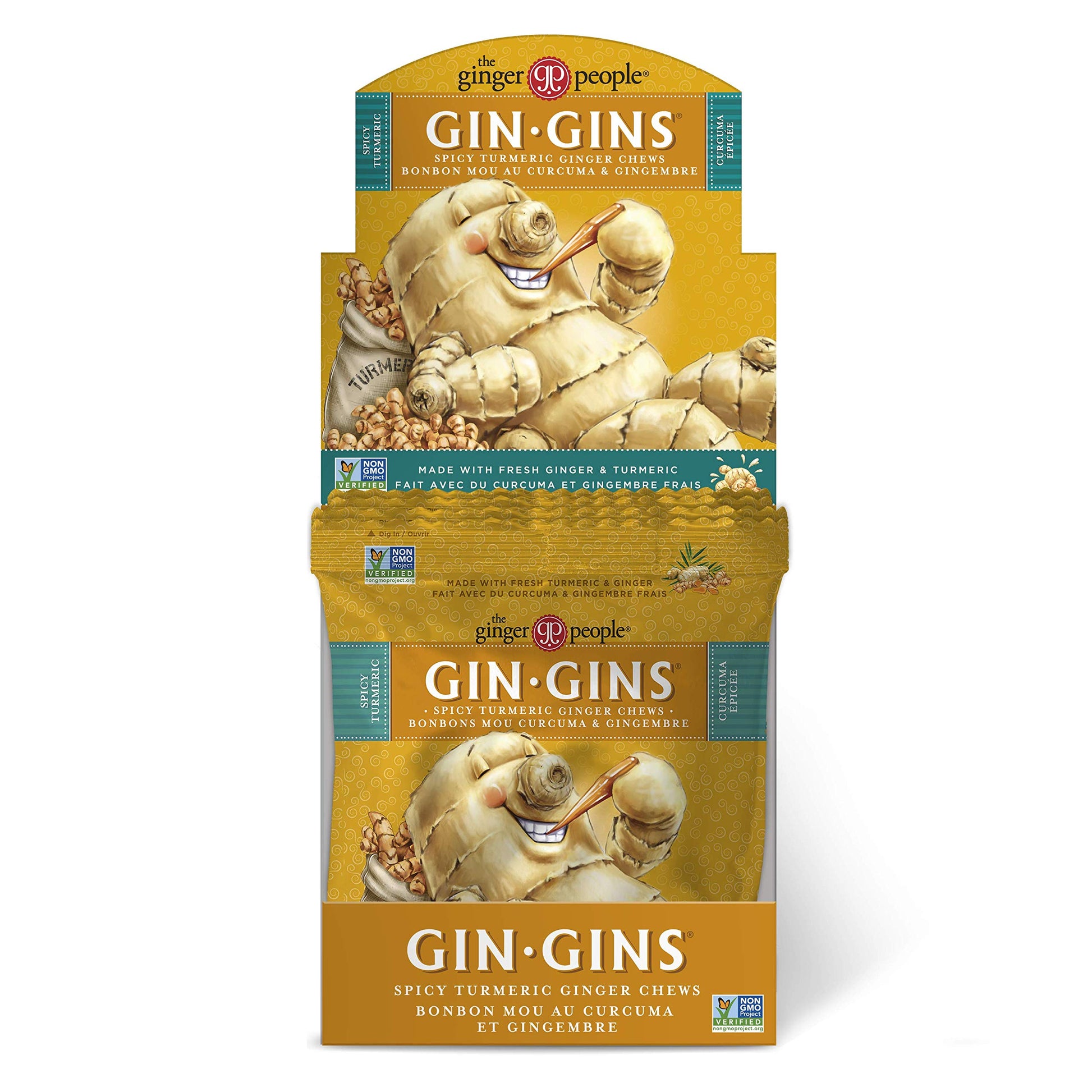 The Ginger People GIN GINS Spicy Turmeric Ginger Chews, 2.1oz Bag, Yellow, Pack of 12, Model 90534