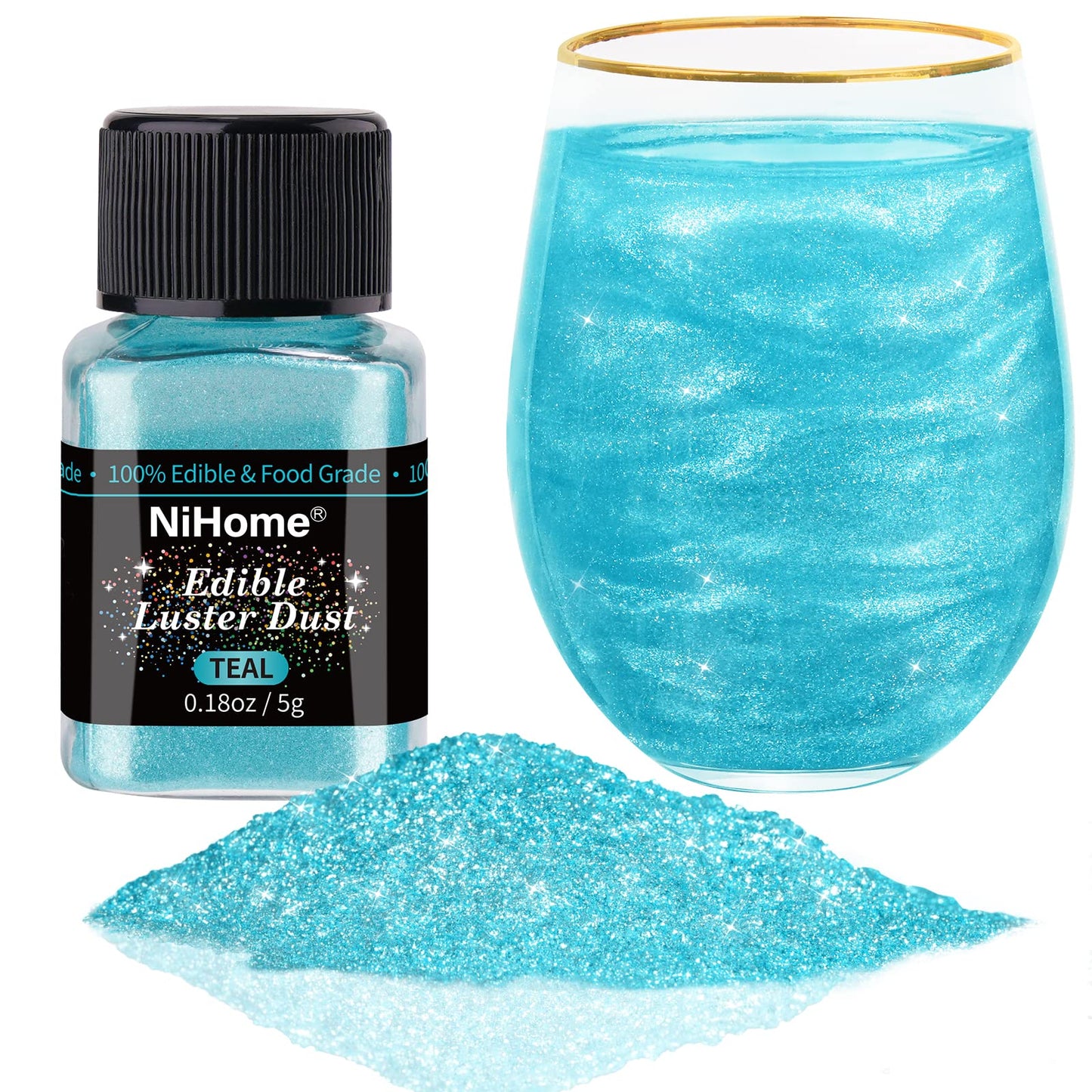 NiHome Edible Glitter Powder Luster Dust, Teal, 5g, Vegan, Allergen-Free, for Cake, Candy, Dessert, Beverage Decoration