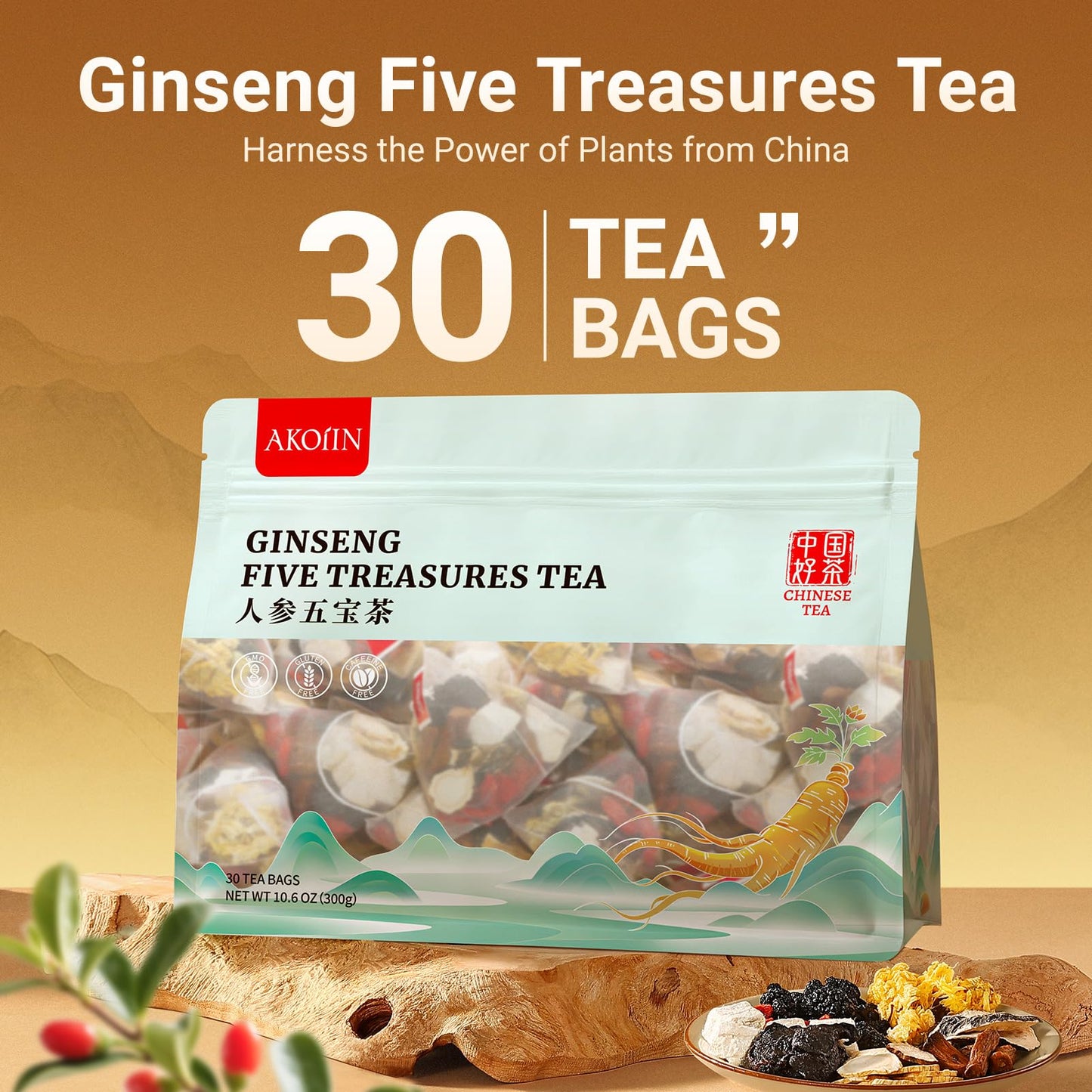 Ginseng Five Treasures Tea - 30 Bags  Caffeine-Free  Pure Herbal Blend with 8 Traditional Chinese Herbs Kidney Tea  Gentle Energy & Focus for Men and Women