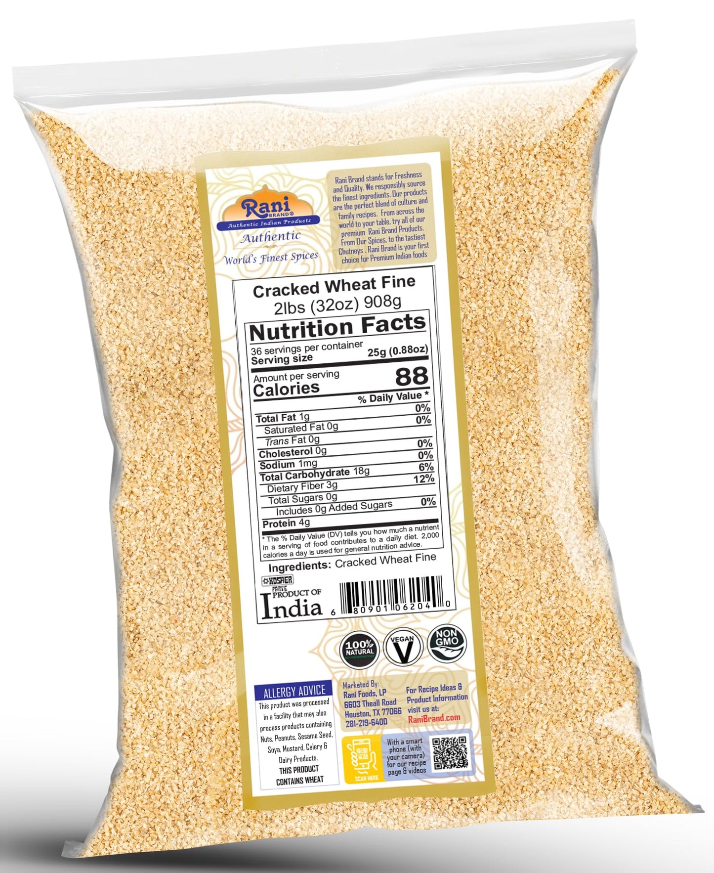 Rani Cracked Wheat Fine (Kansar/Bulgur Wheat#1) 32Oz (2Lbs) 908G ~ All Natural | Vegan | Gluten Friendly | Non-Gmo |Kosher | Indian Origin