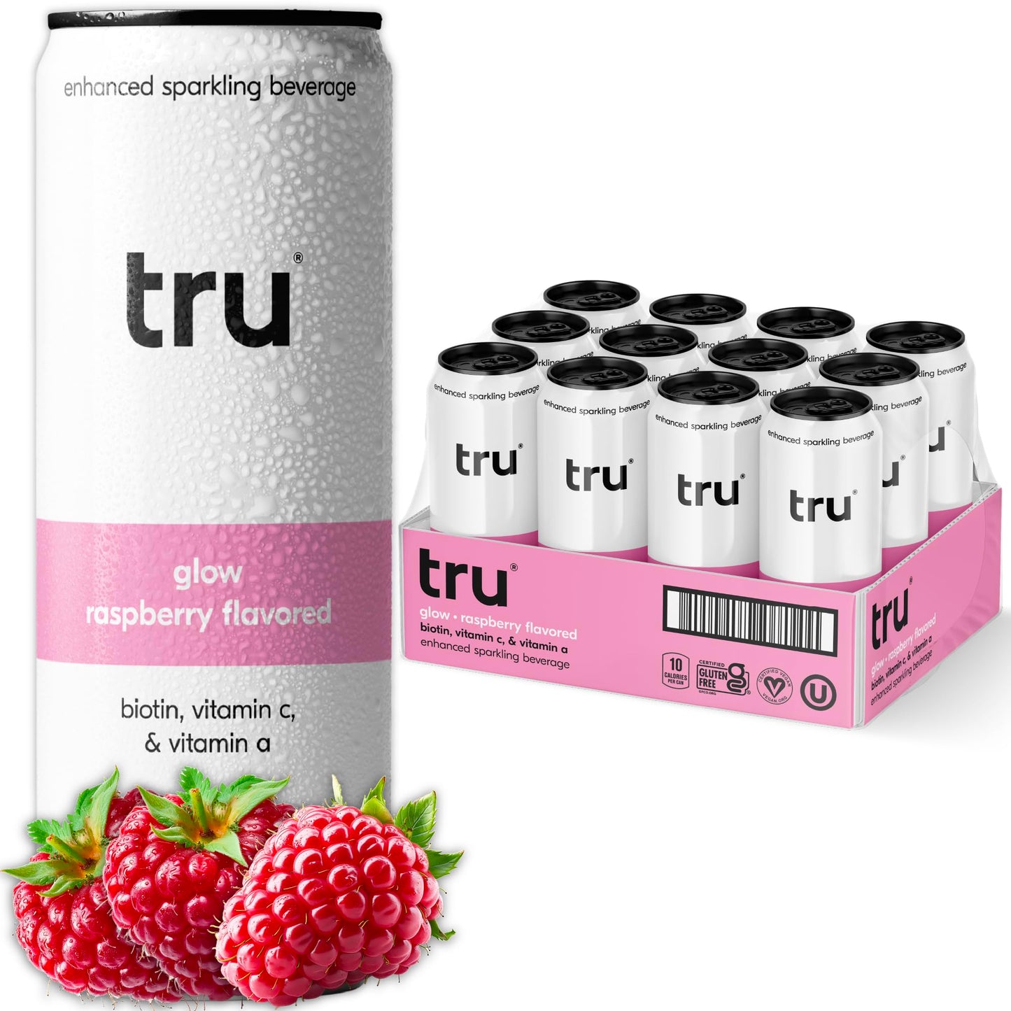 Tru Glow Sparkling Water with Biotin & Vitamin C, Real Raspberry Juice, 12 FL OZ Cans, 12 Pack, Vegan, Gluten Free, Sugar Free