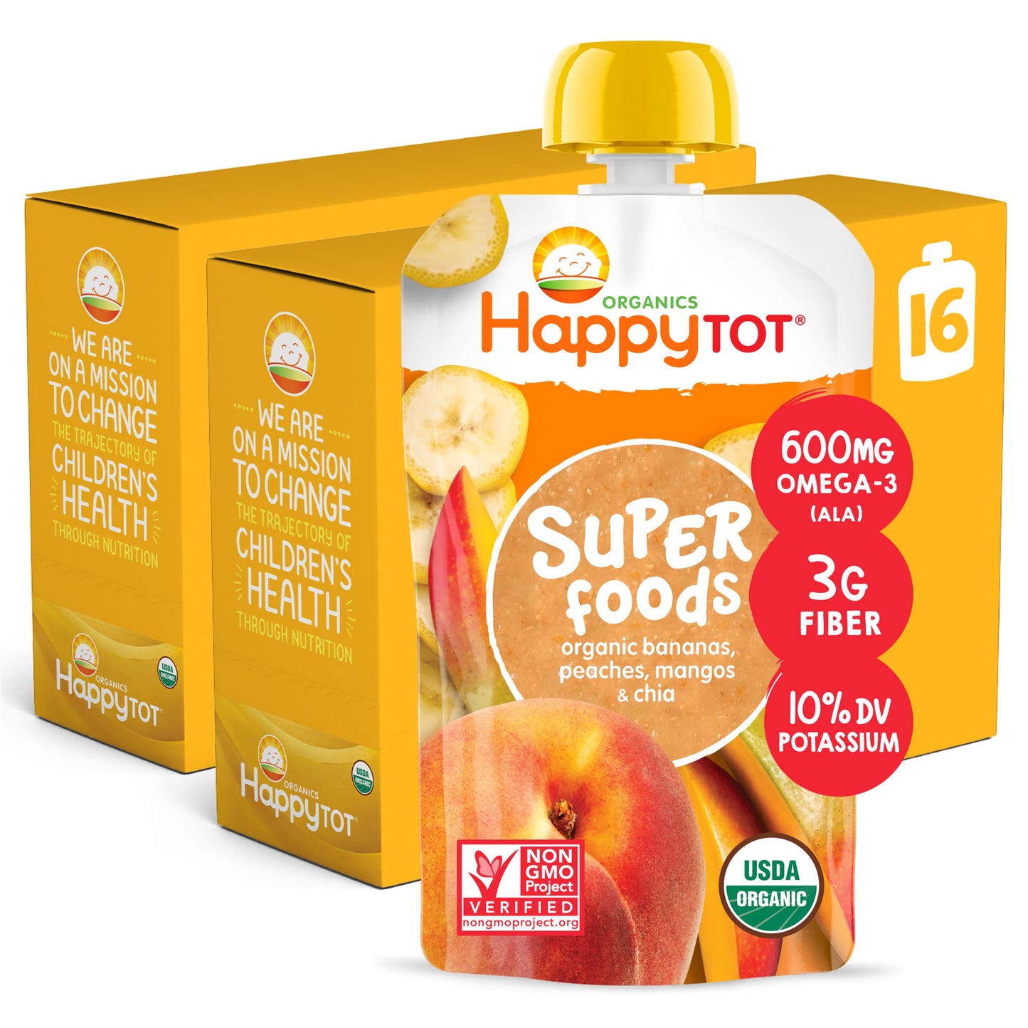 HAPPYTOT Organics Stage 4 Baby Food Pouches, Gluten Free, Vegan Snack, SuperFoods Fruit & Veggie Puree, Bananas, Peaches, Mangos & Chia, 4.22 Ounce (Pack of 16)