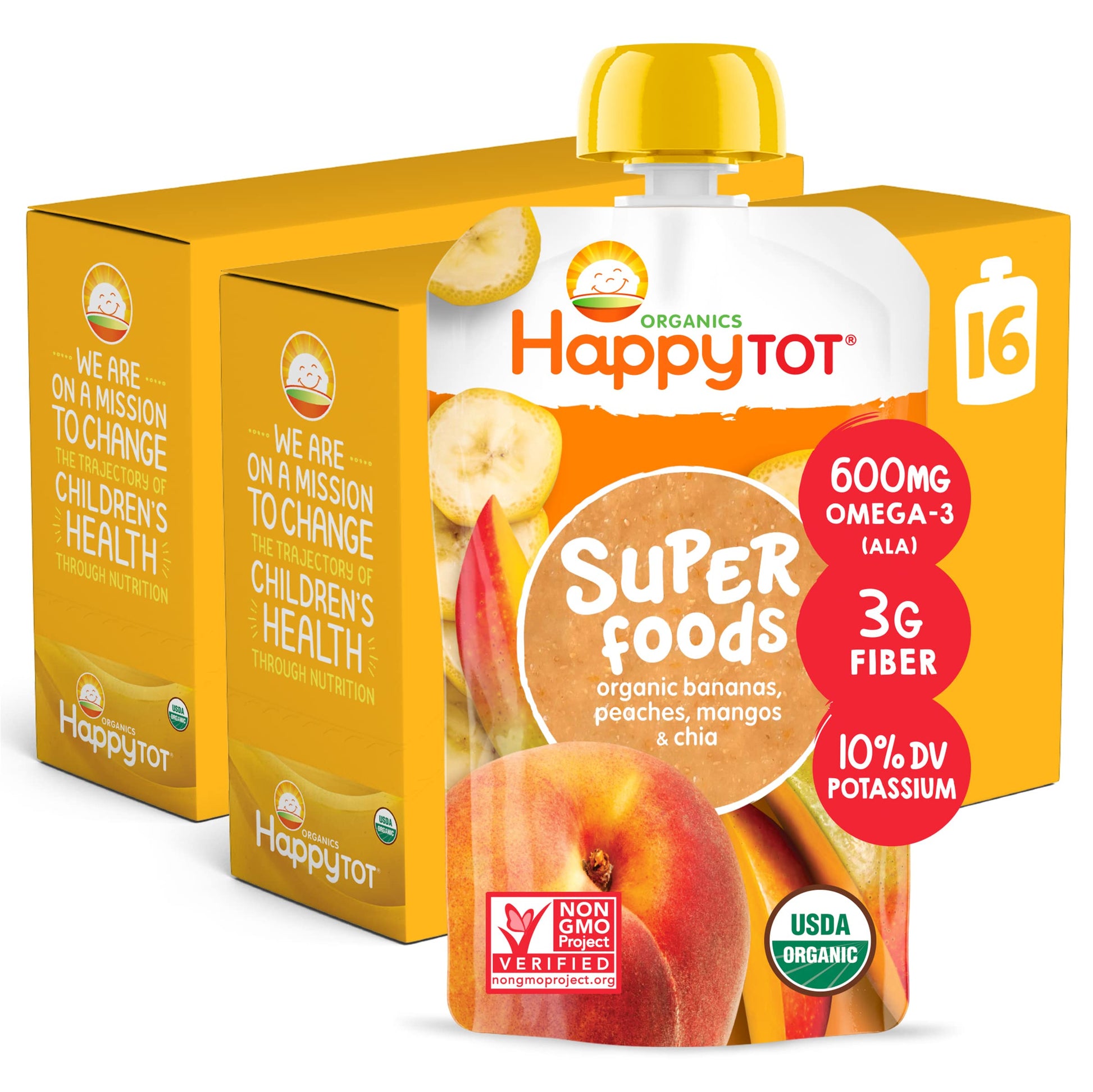 HAPPYTOT Organics Stage 4 Baby Food Pouches, Gluten Free, Vegan Snack, SuperFoods Fruit & Veggie Puree, Bananas, Peaches, Mangos & Chia, 4.22 Ounce (Pack of 16)