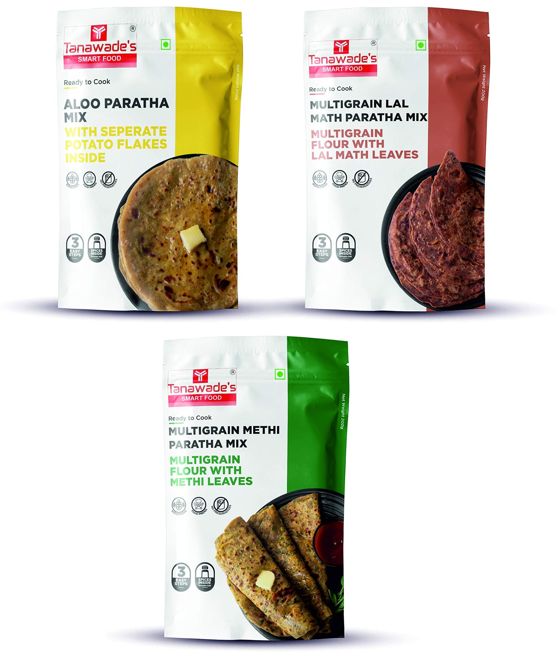 Tanawades Smart Food Paratha Combo, Instant Aloo Paratha, Lal Math Paratha, Methi Paratha Mix, Ready to Cook, Home Food with Han