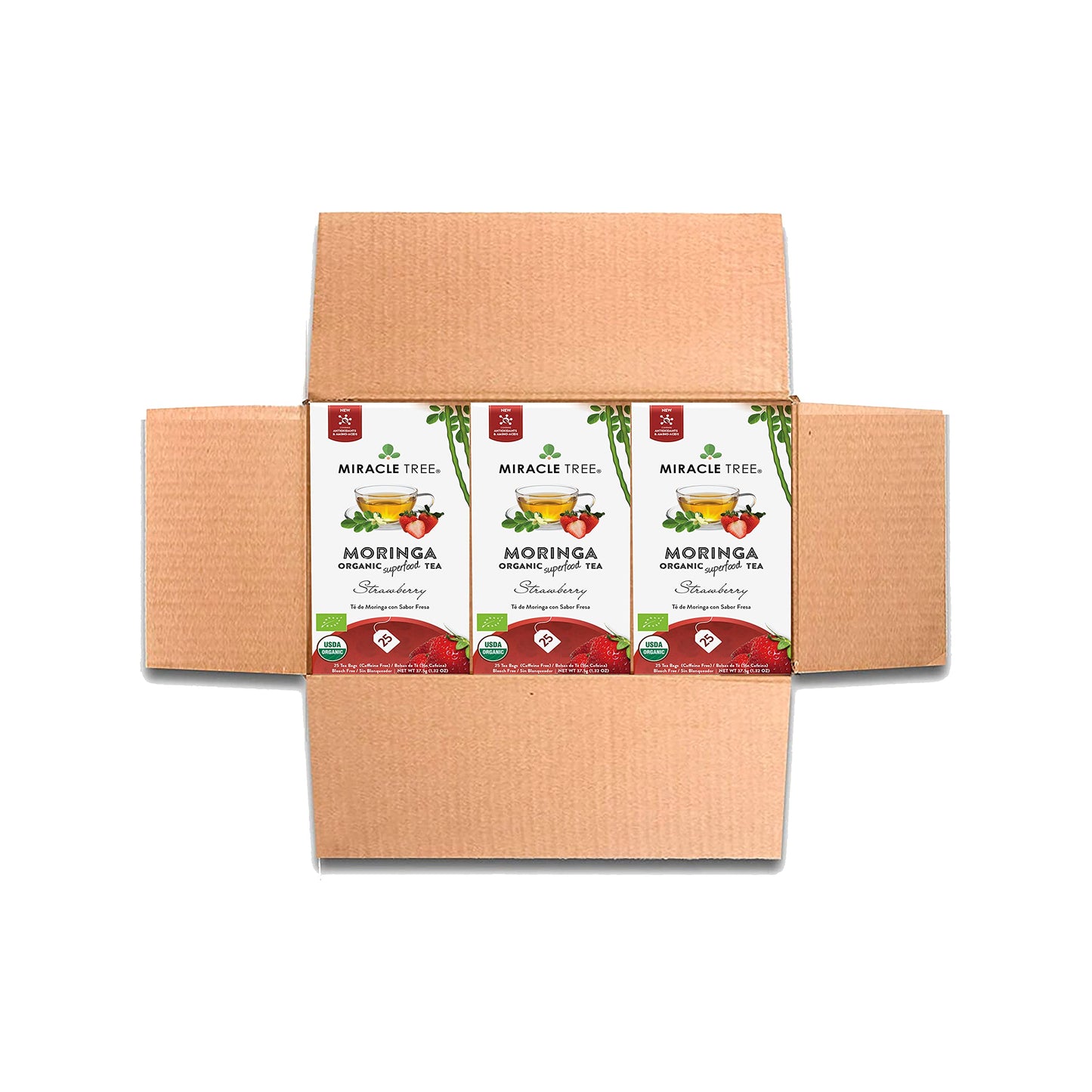 Miracle Tree Organic Moringa Superfood Tea - 3 Pack of 25 Individually Sealed Bags, Strawberry, Vegan, Gluten-Free, Caffeine-Free