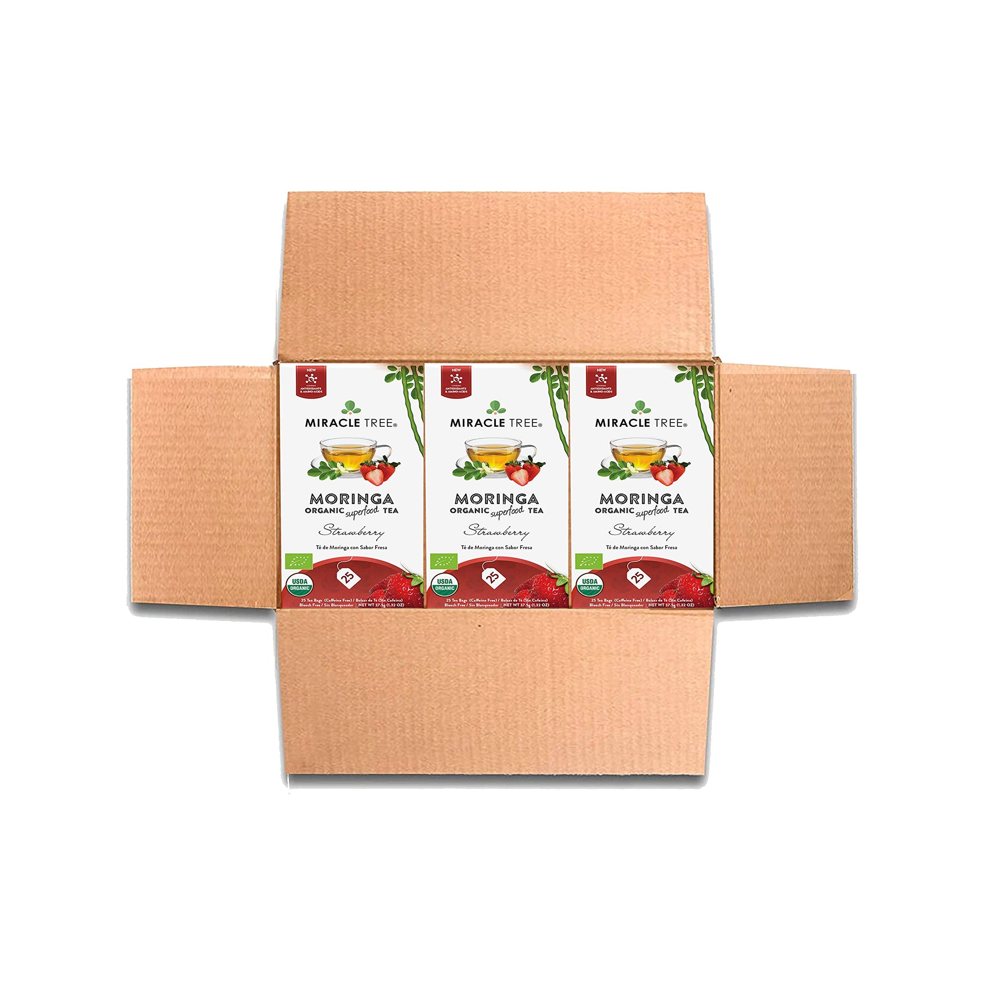 Miracle Tree Organic Moringa Superfood Tea - 3 Pack of 25 Individually Sealed Bags, Strawberry, Vegan, Gluten-Free, Caffeine-Free