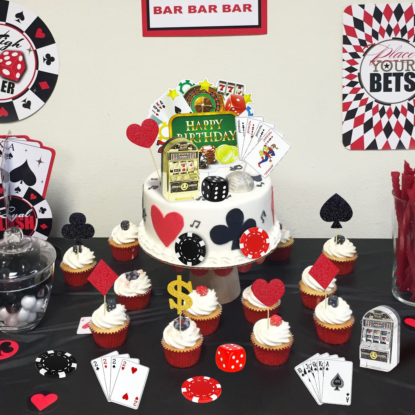 Morofme  card-style Cake Decorations Set, 21 PCS, Medium, Plastic, Includes Slot Machine,  card-style Chips, Dices, Dollar Sign, Birthday Party Supplies