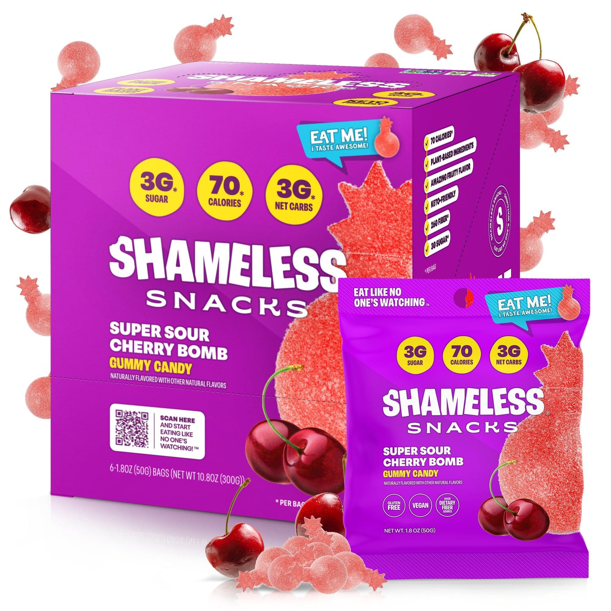 Shameless Snacks Keto Gummies - Low Calorie, Gluten Free, Sour Cherry Bomb - 6 Count