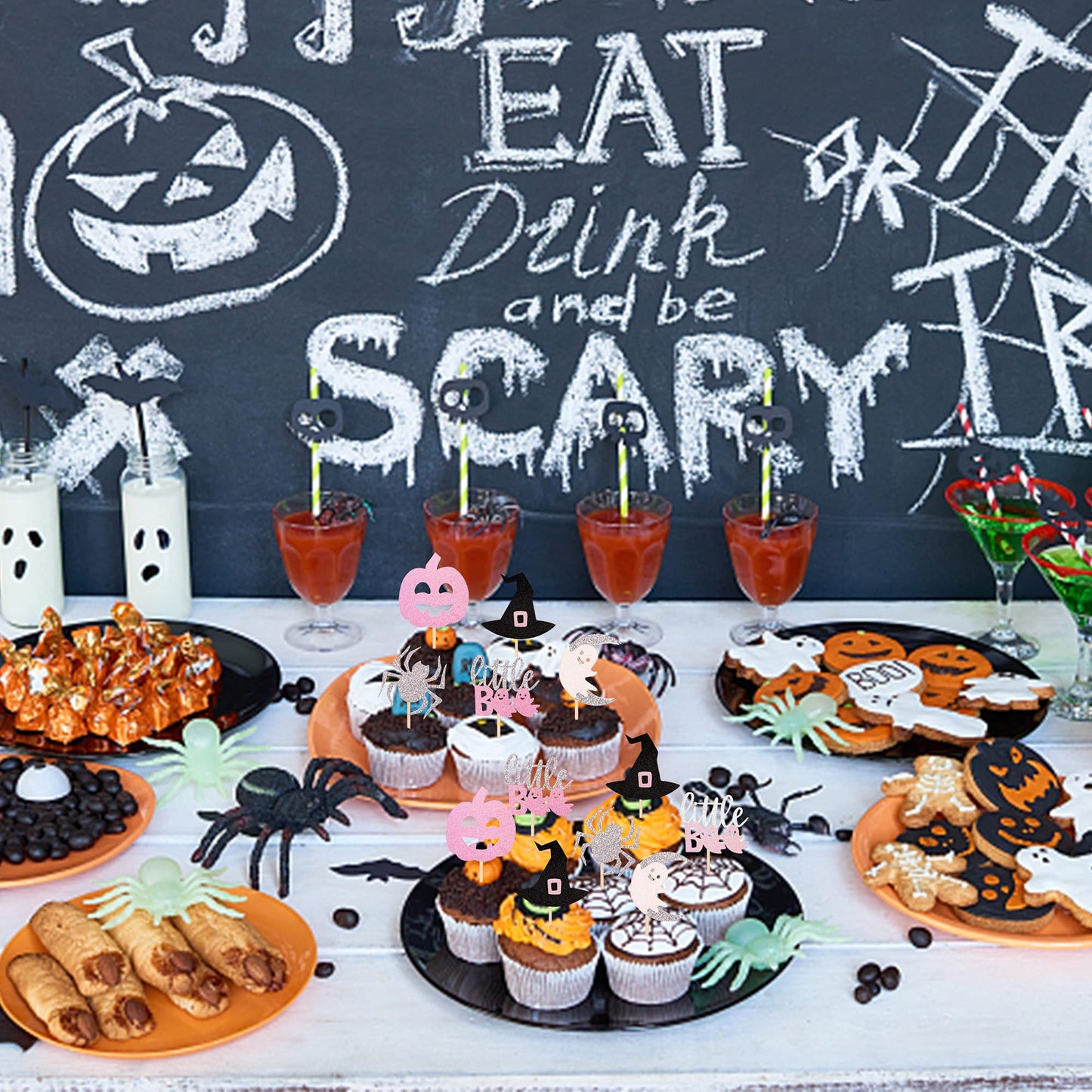 30 Pcs Halloween Cupcake Toppers Glitter Witch Hat Pumpkin Boo Ghost Spider Cupcake Picks Happy Halloween Theme Baby Shower Birt