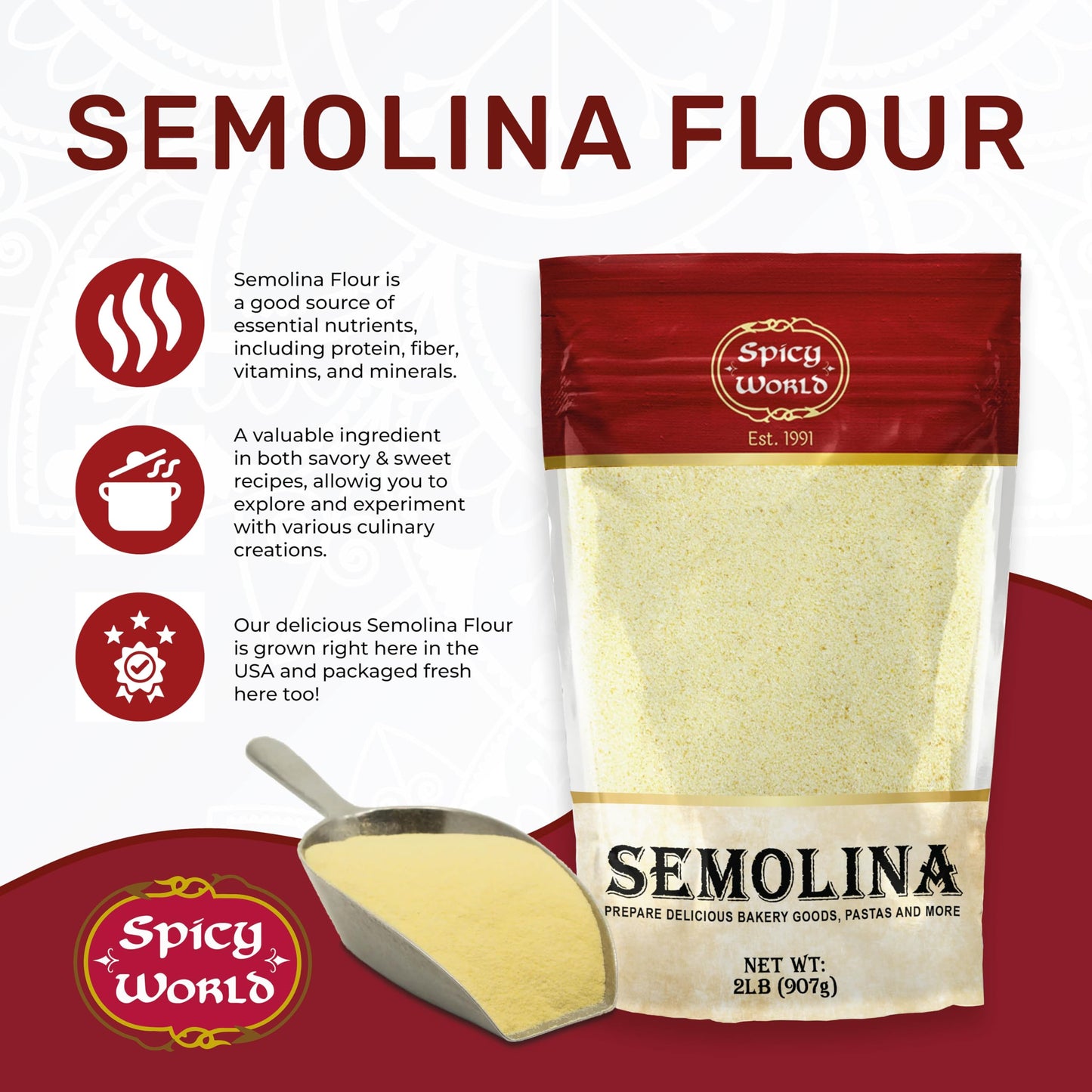 Spicy World Semolina Flour, Fine Duspirit-inspired flavor Wheat Flour, 2 LB (Pack of 6), Ideal for Pasta, Bread, Pizza, Model SWSEM04